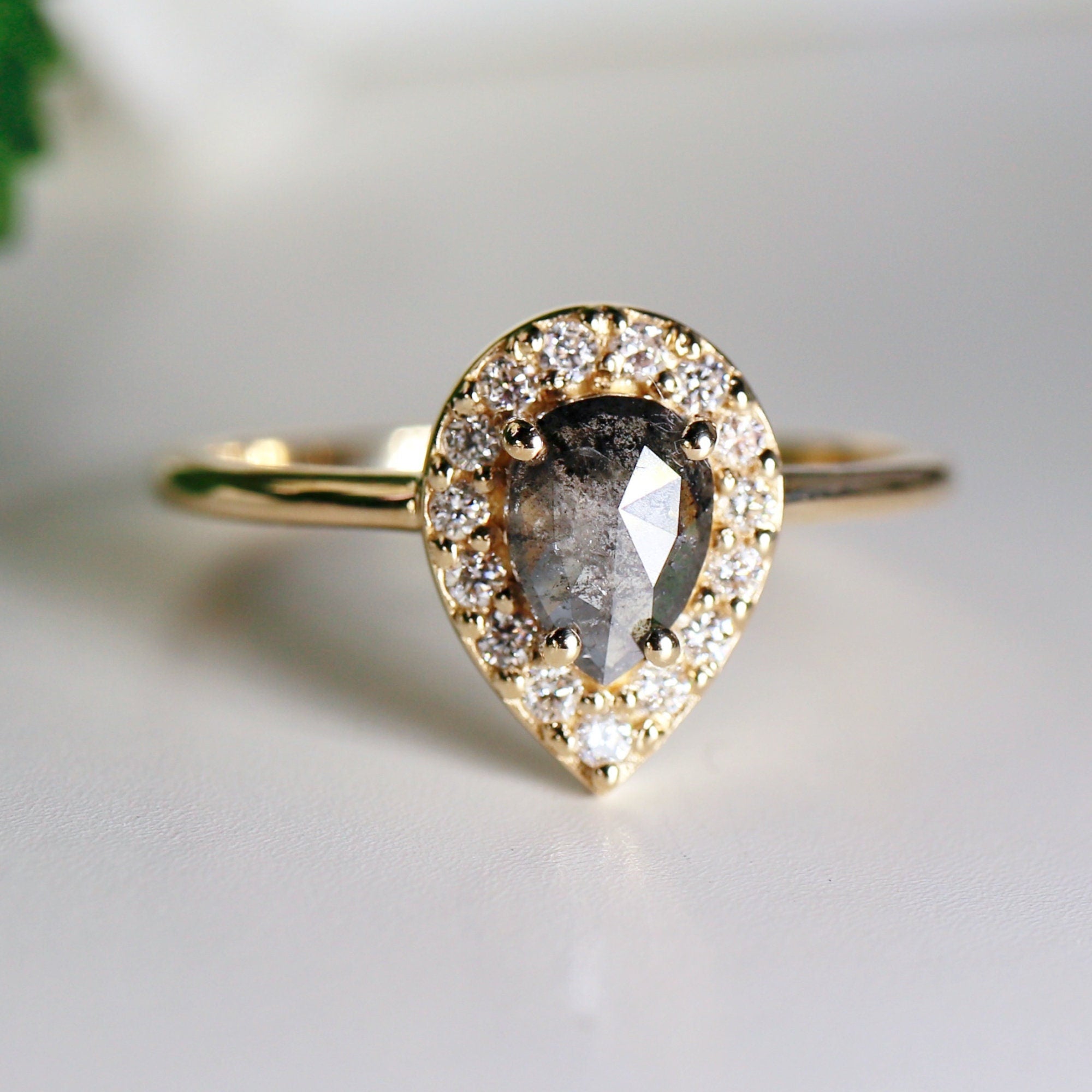 Rose Cut Pear Salt and Pepper Diamond Ring 14k Gold