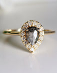 Rose Cut Pear Salt and Pepper Diamond Ring 14k Gold