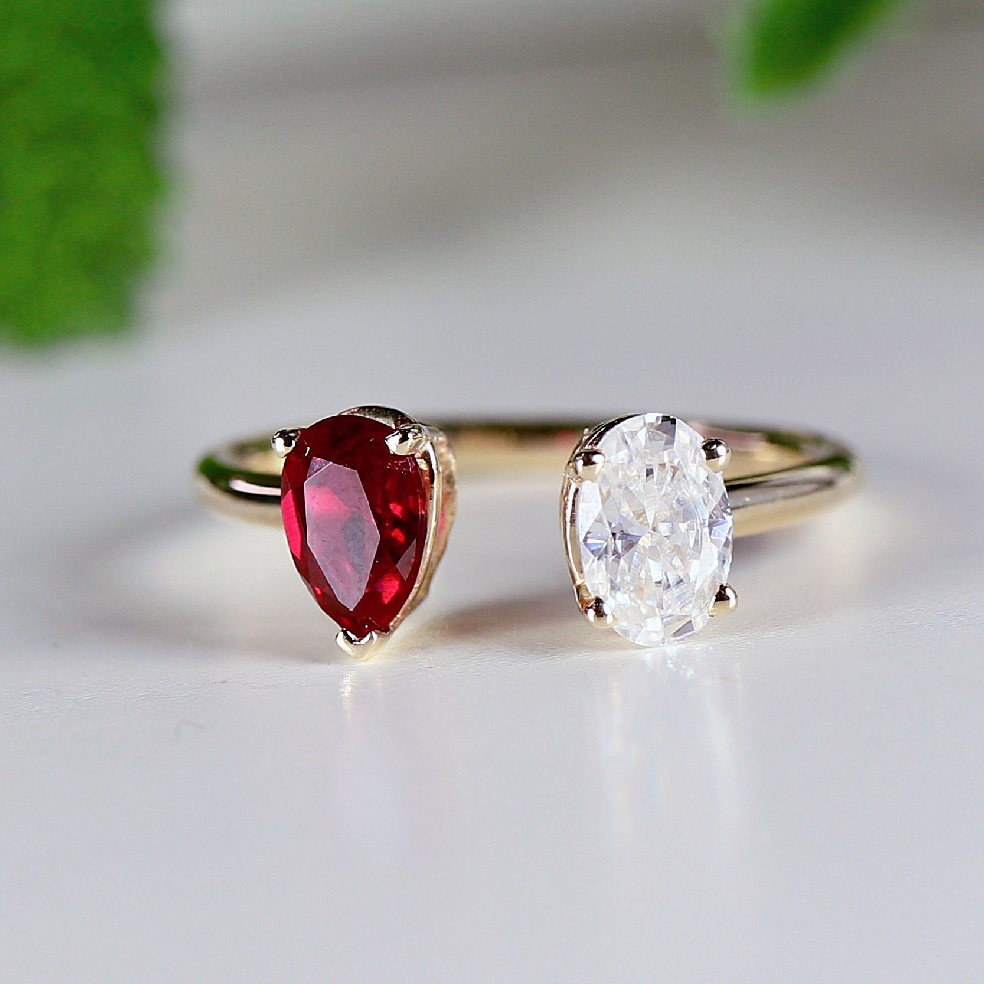 Toi et Moi Ring 14k Gold Two Stone Ring, Moissanite &amp; Ruby Engagement Ring, You and Me Ring, Cluster Ring, Open Cuff Ring, Anniversary Ring