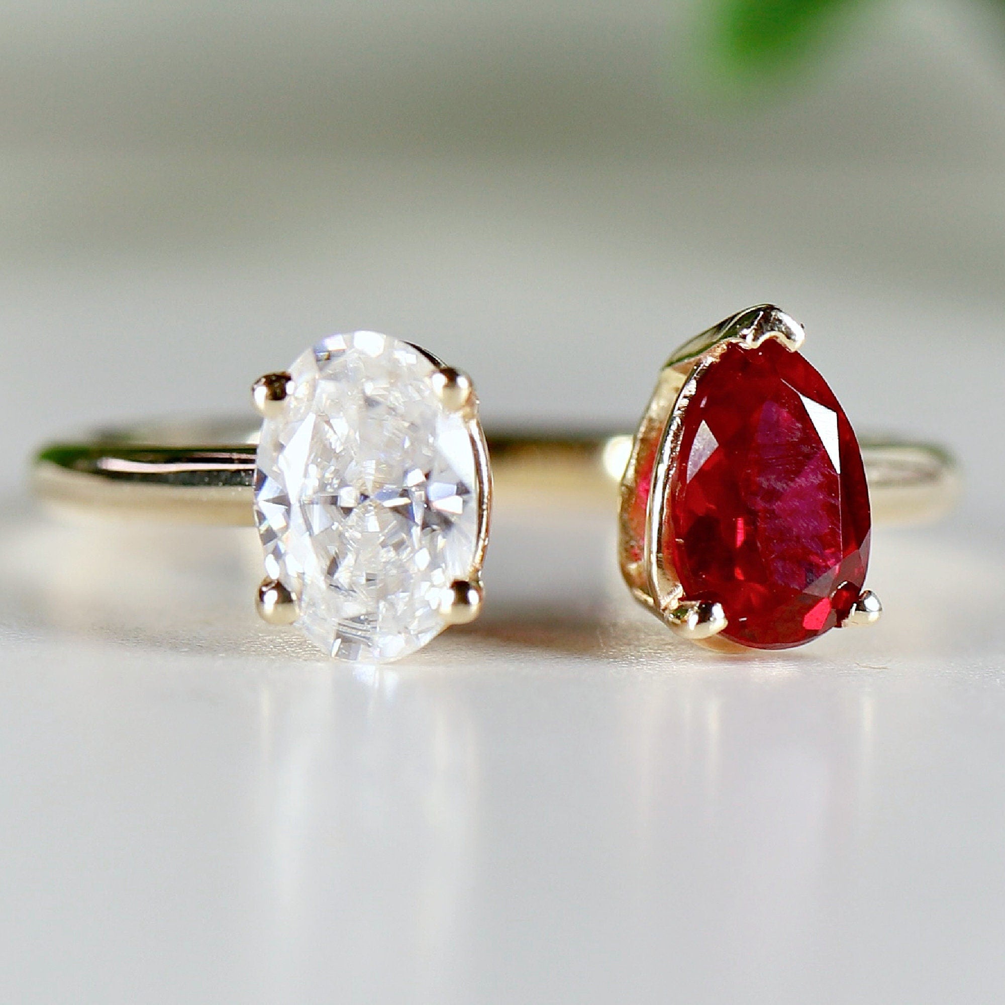 Toi et Moi Ring 14k Gold Two Stone Ring, Moissanite &amp; Ruby Engagement Ring - Melt'm Jewelry