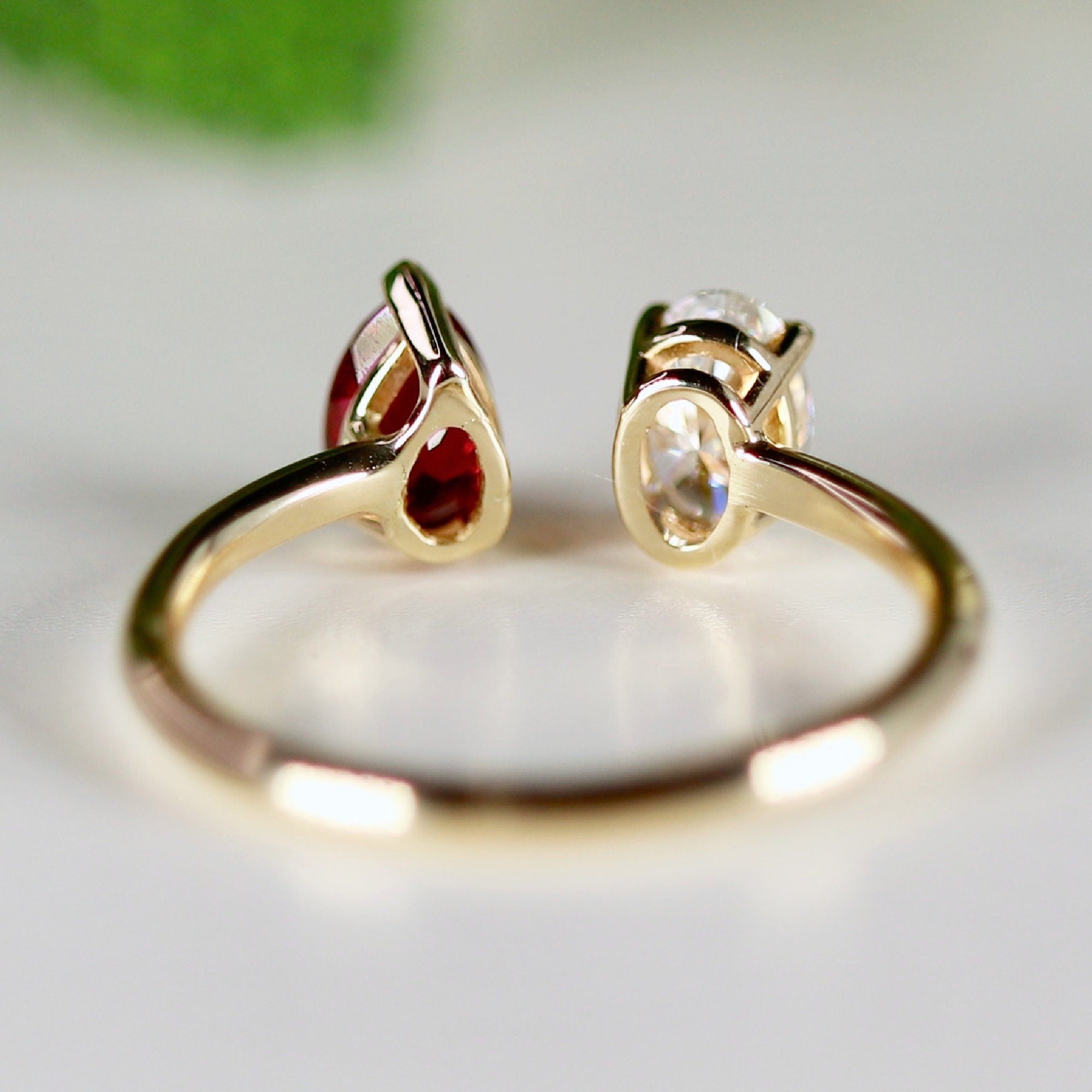 Toi et Moi Ring 14k Gold Two Stone Ring, Moissanite &amp; Ruby Engagement Ring - Melt'm Jewelry