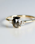 Oval Salt and Pepper Diamond Ring 14k Gold, Anniversary Gift