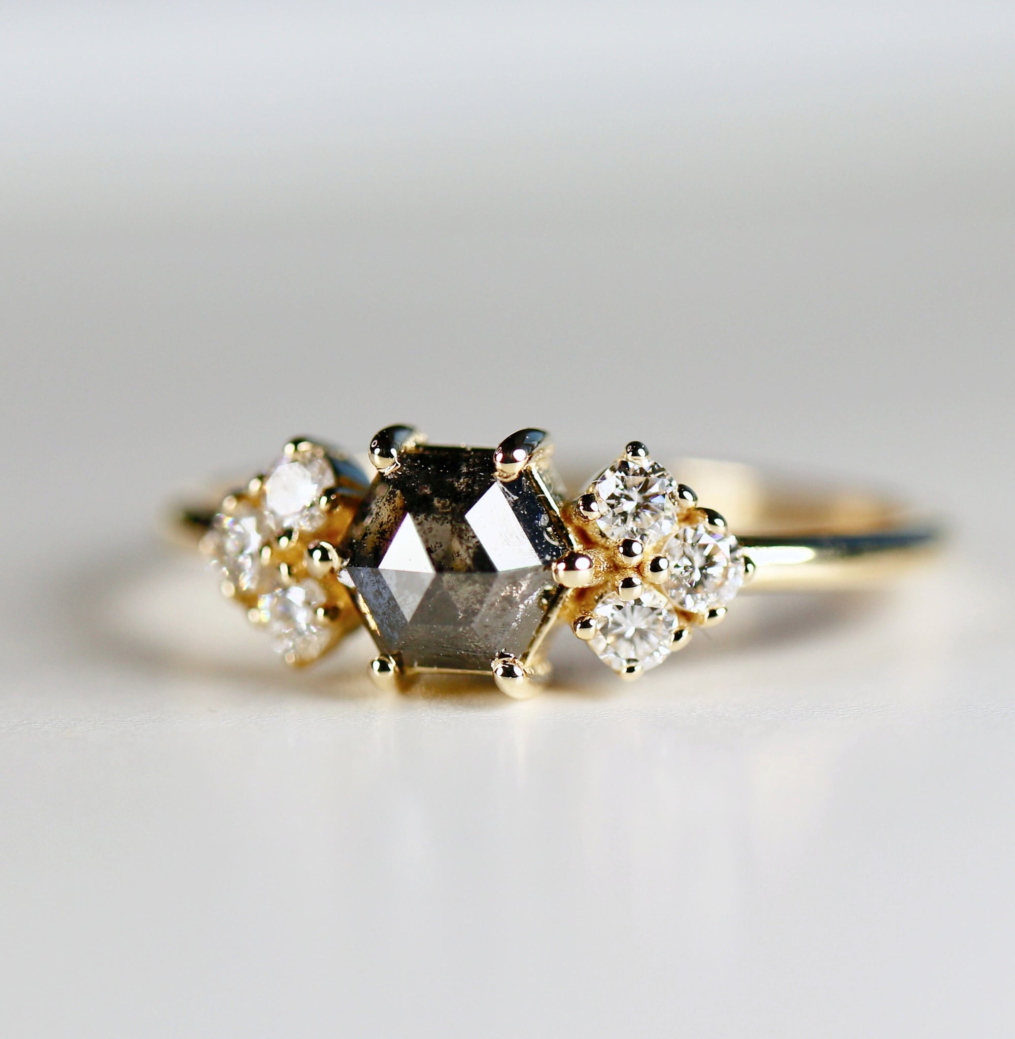 Hexagon Rose Cut Salt and Pepper Diamond Ring, 14k Yellow Gold Hexagon Diamond Ring, Conflict Free