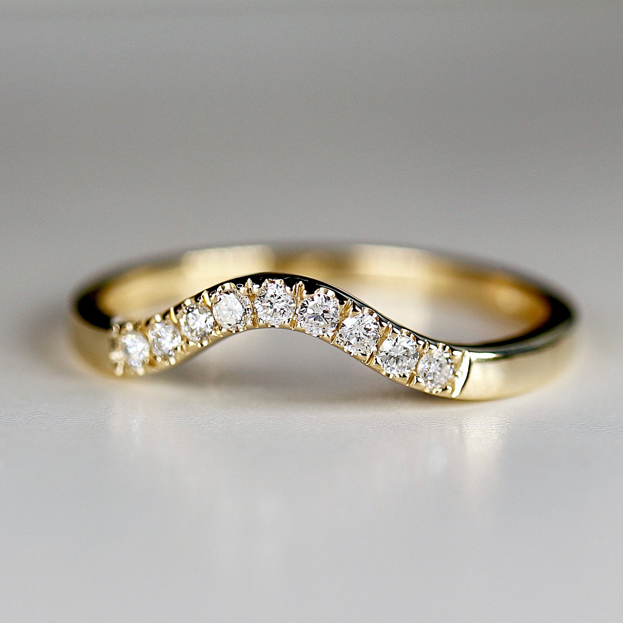 Curved Diamond Wedding Band, Matching Ring Gold Band