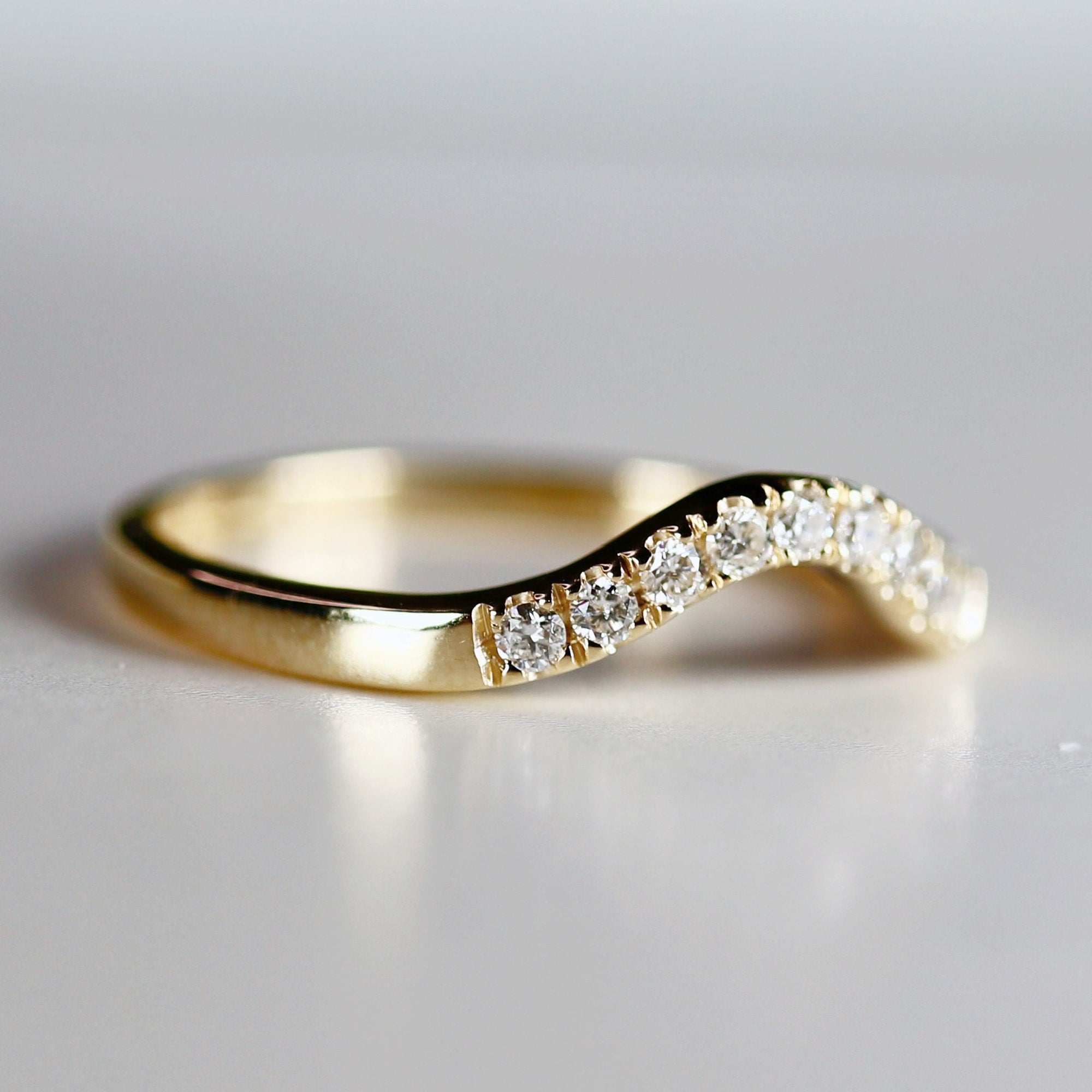 Curved Diamond Wedding Band, Matching Ring Gold Band