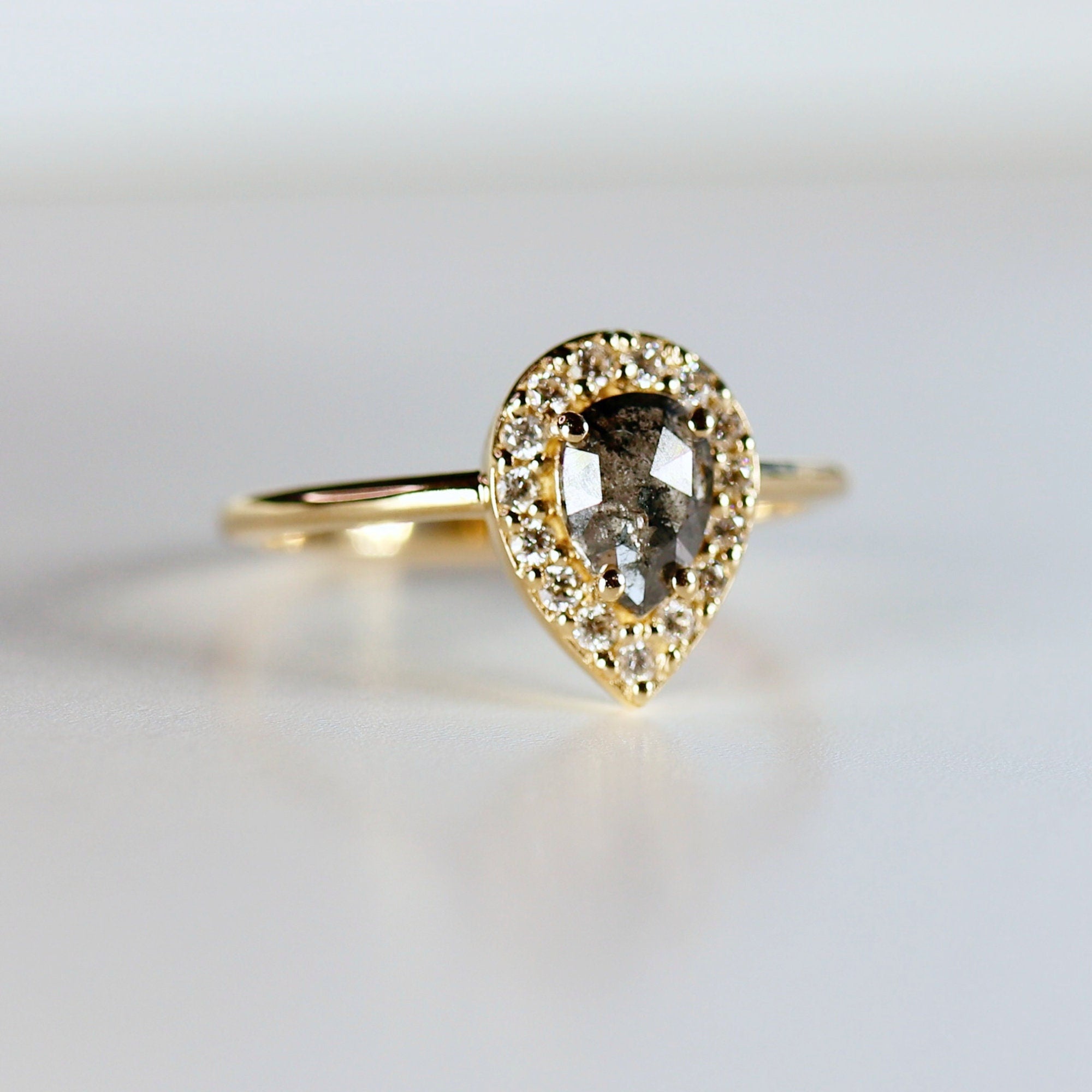 Rose Cut Pear Salt and Pepper Diamond Ring 14k Gold