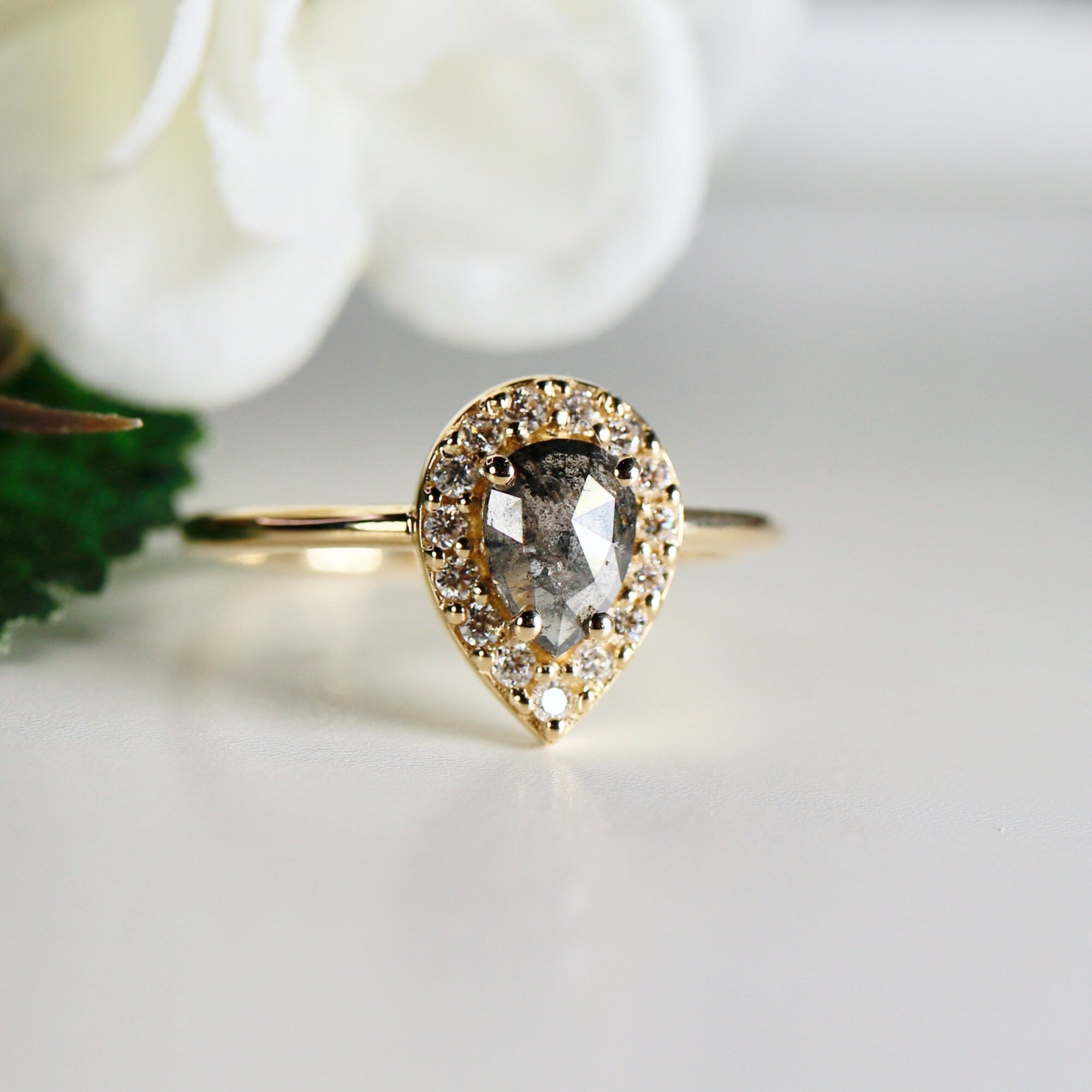 Pear Salt and Pepper Diamond Ring 14k Gold – Rose Cut Black Diamond Halo Ring, Unique Engagement Ring, Anniversary Gift - Melt'm Jewelry