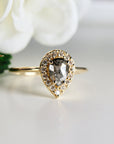 Pear Salt and Pepper Diamond Ring 14k Gold – Rose Cut Black Diamond Halo Ring, Unique Engagement Ring, Anniversary Gift - Melt'm Jewelry
