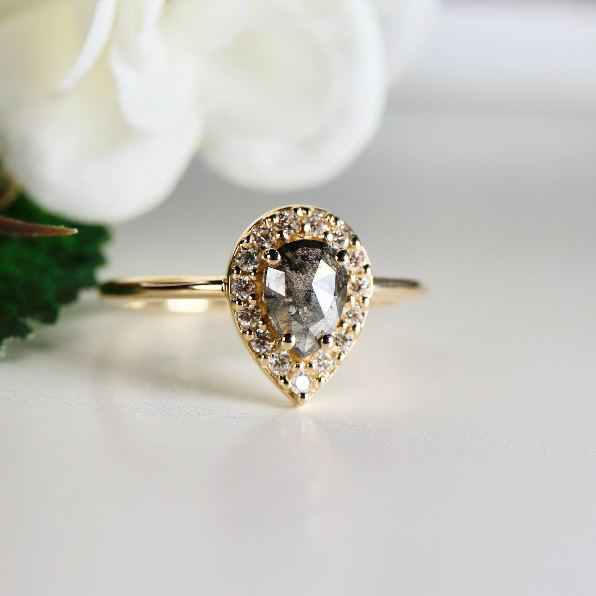 Pear Salt and Pepper Diamond Ring 14k Gold – Rose Cut Black Diamond Halo Ring, Unique Engagement Ring, Anniversary Gift - Melt'm Jewelry