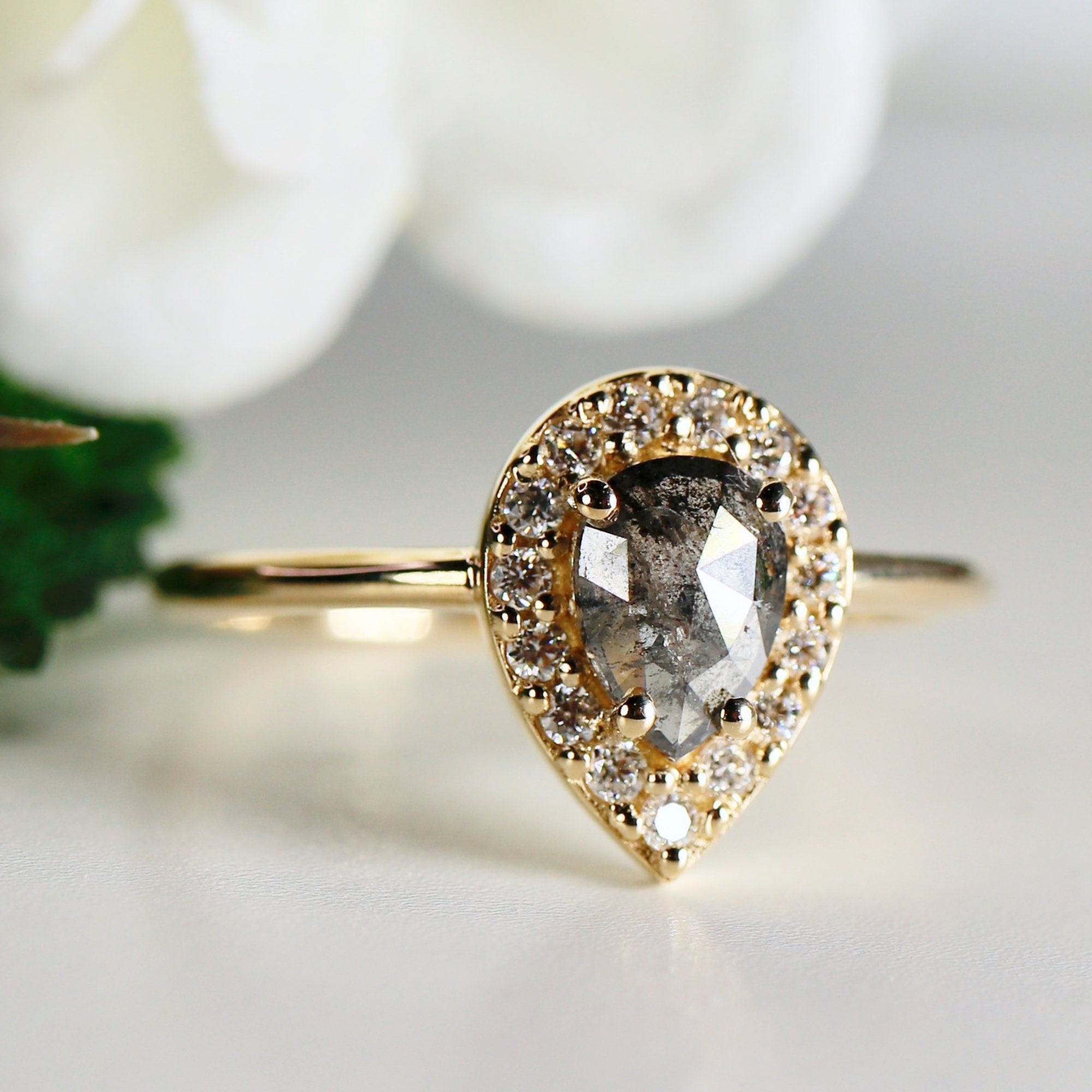 Pear Salt and Pepper Diamond Ring 14k Gold – Rose Cut Black Diamond Halo Ring, Unique Engagement Ring, Anniversary Gift - Melt'm Jewelry