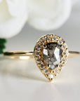 Pear Salt and Pepper Diamond Ring 14k Gold – Rose Cut Black Diamond Halo Ring, Unique Engagement Ring, Anniversary Gift - Melt'm Jewelry