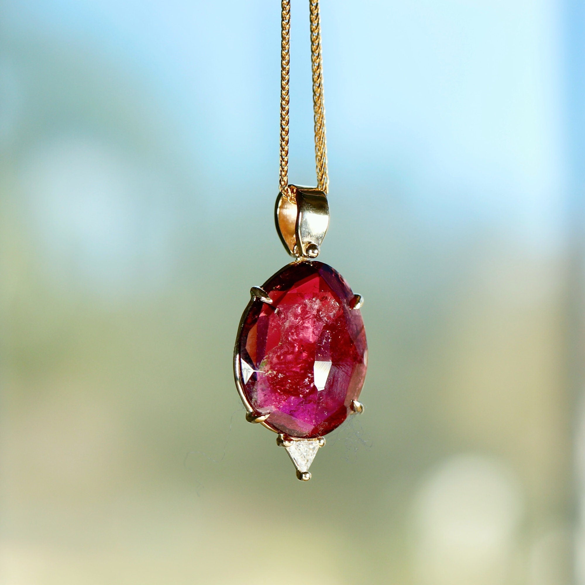 Pink Tourmaline Necklace 14k Gold, Rose Cut Tourmaline and Triangle Diamond Pendant - Melt'm Jewelry