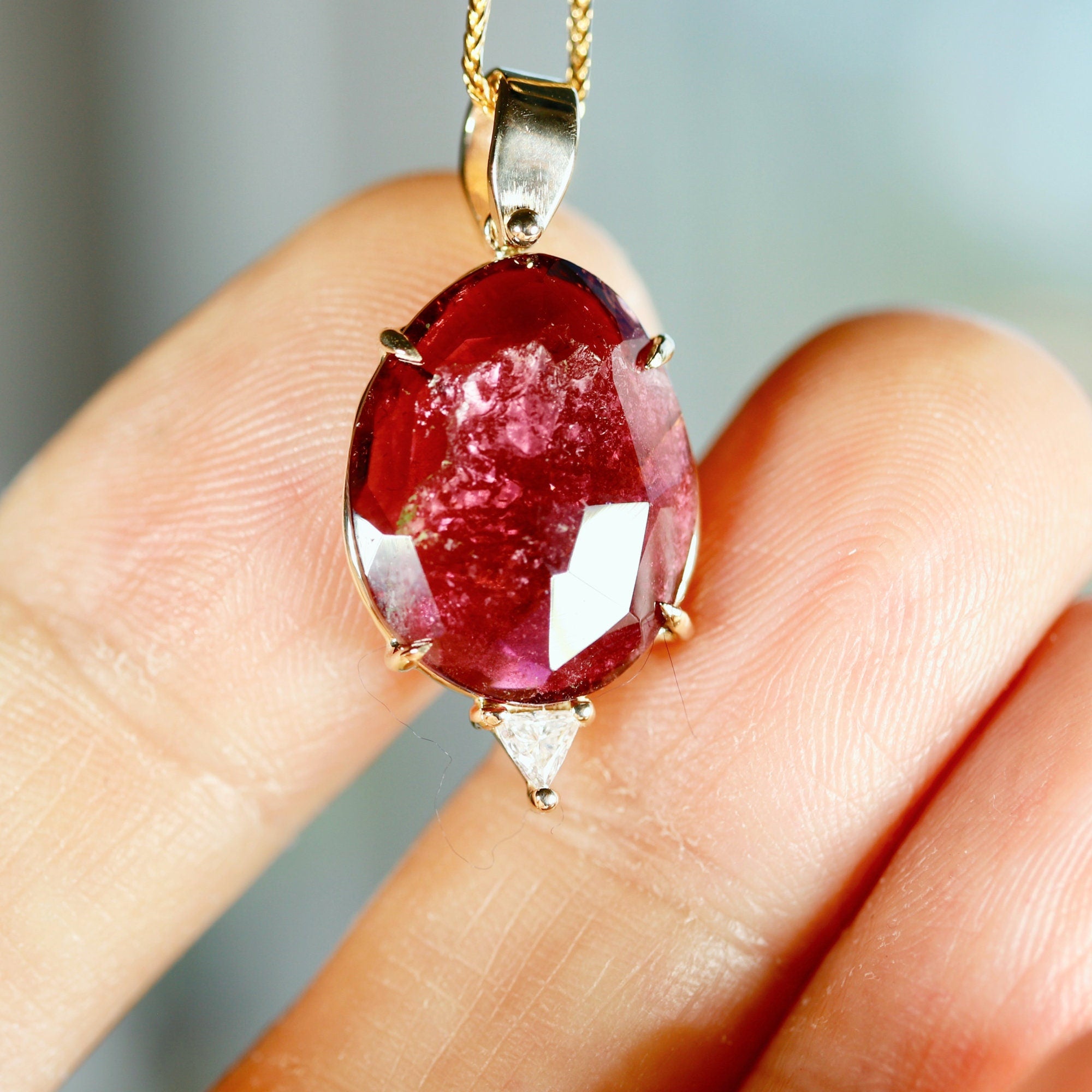 Pink Tourmaline Necklace 14k Gold, Rose Cut Tourmaline and Triangle Diamond Pendant - Melt'm Jewelry