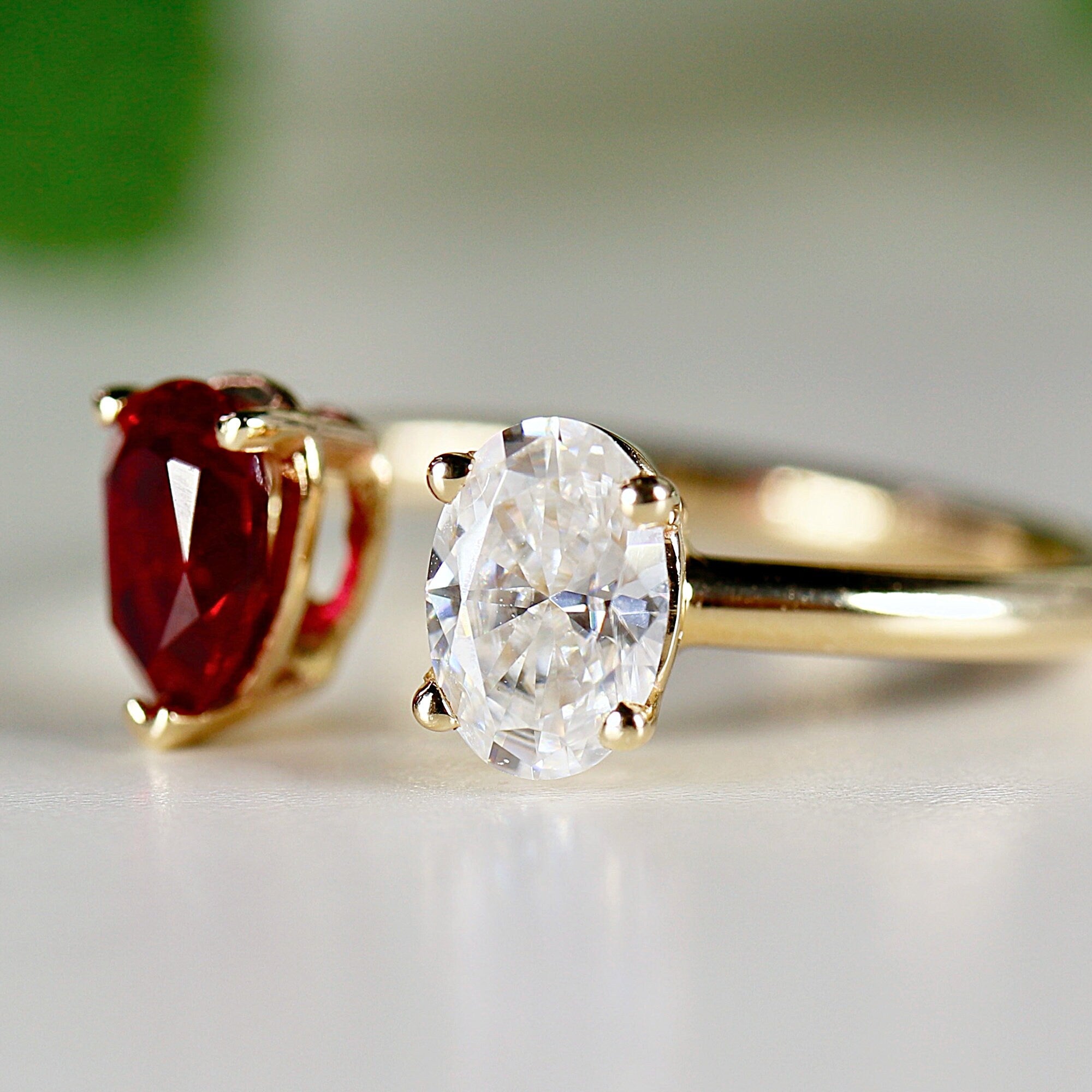 Toi et Moi Ring 14k Gold Two Stone Ring, Moissanite &amp; Ruby Engagement Ring