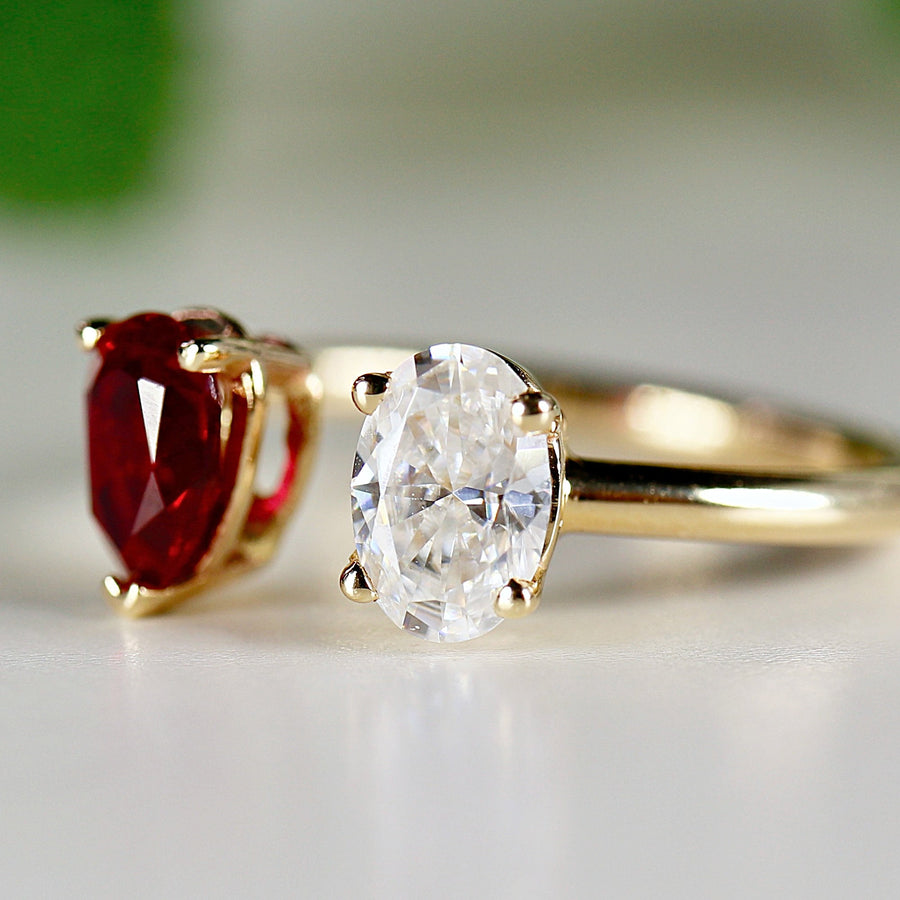 Toi et Moi Ring 14k Gold Two Stone Ring, Moissanite & Ruby Engagement Ring, You and Me Ring, Cluster Ring, Open Cuff Ring, Anniversary Ring