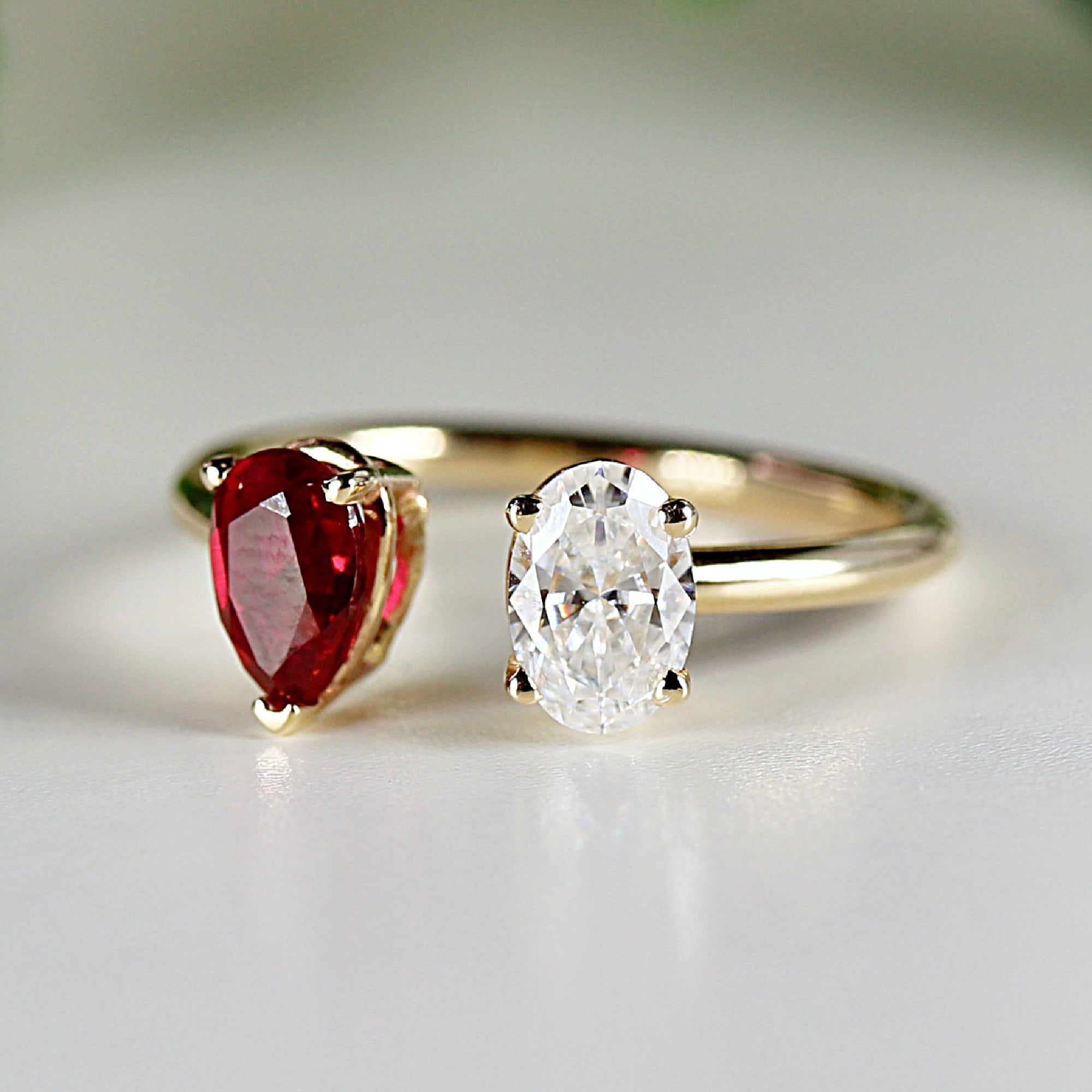 Toi et Moi Ring 14k Gold Two Stone Ring, Moissanite &amp; Ruby Engagement Ring