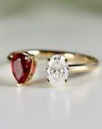 Toi et Moi Ring 14k Gold Two Stone Ring, Moissanite & Ruby Engagement Ring