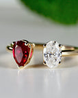 Toi et Moi Ring 14k Gold Two Stone Ring, Moissanite & Ruby Engagement Ring, You and Me Ring, Cluster Ring, Open Cuff Ring, Anniversary Ring