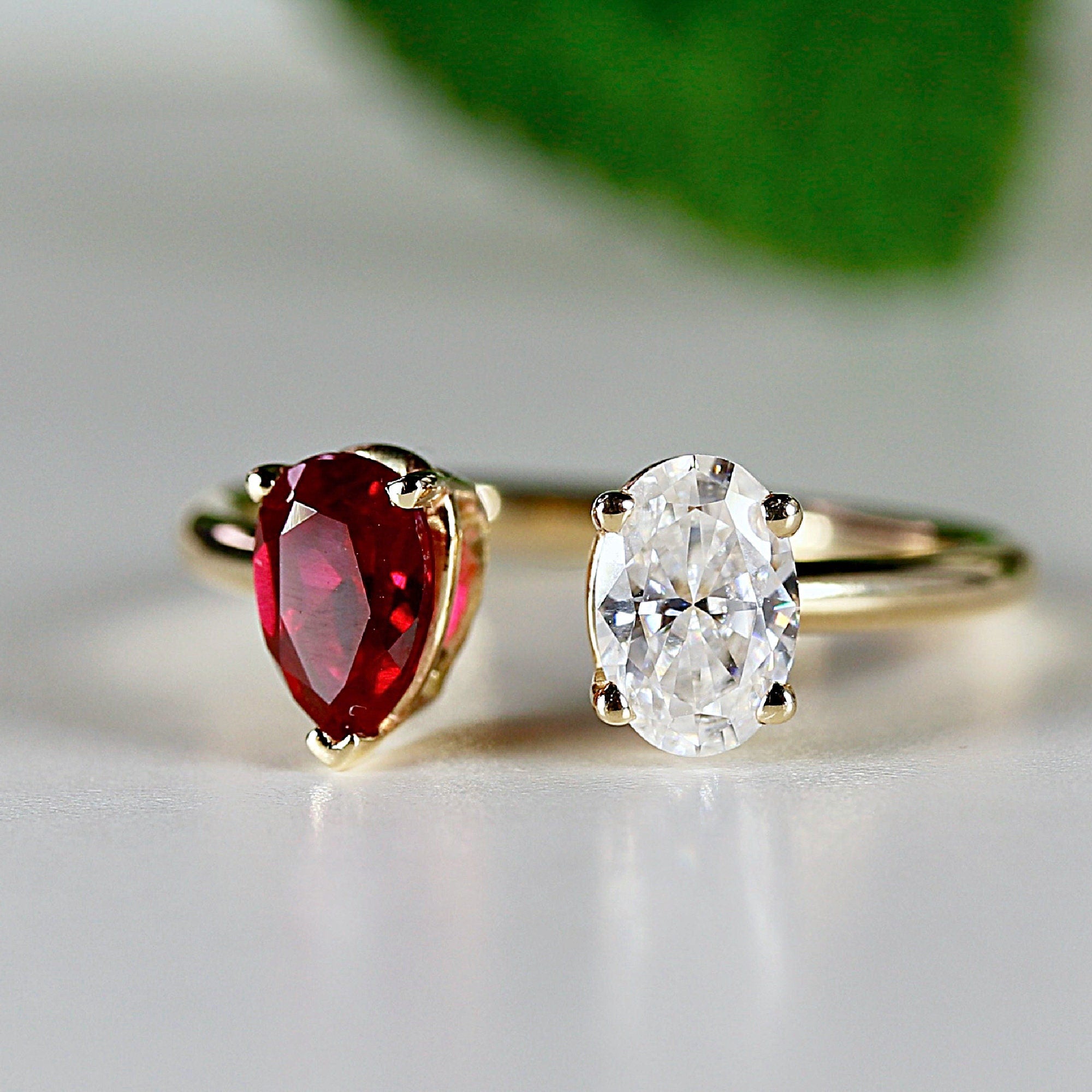 Toi et Moi Ring 14k Gold Two Stone Ring, Moissanite &amp; Ruby Engagement Ring - Melt'm Jewelry