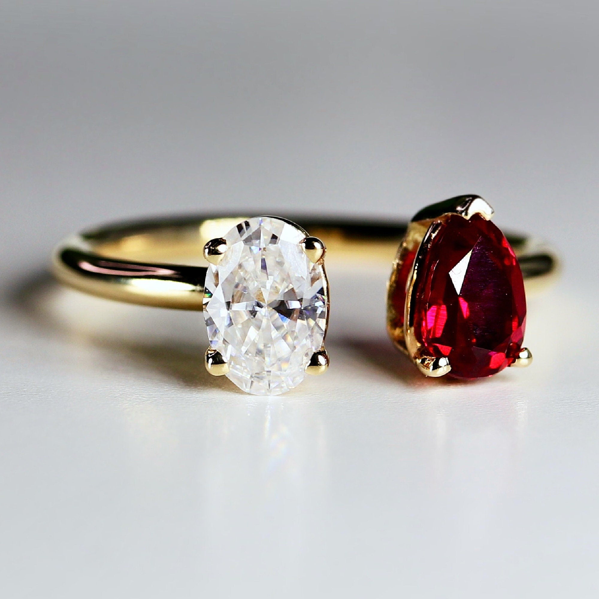 Toi et Moi Ring 14k Gold Two Stone Ring, Moissanite &amp; Ruby Engagement Ring - Melt'm Jewelry