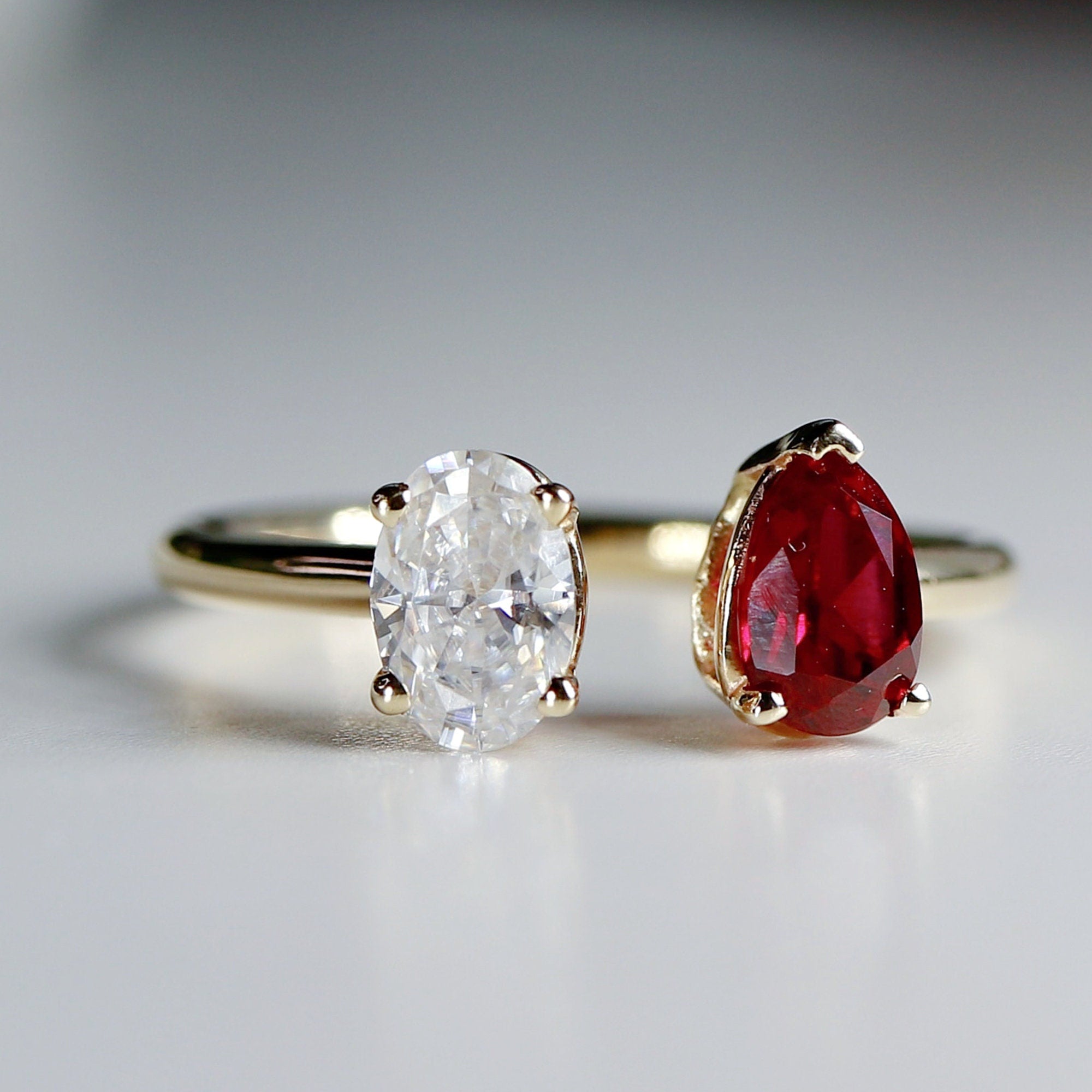 Toi et Moi Ring 14k Gold Two Stone Ring, Moissanite &amp; Ruby Engagement Ring - Melt'm Jewelry