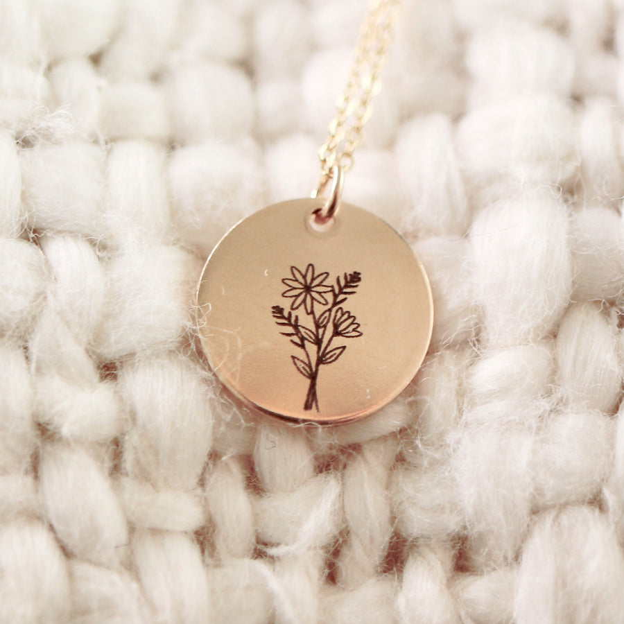 Birth Flower Disc Necklace, Mother Necklace, Birthday Gift, Floral Pendant Necklace, Coin Necklace For Mom, Mother's Day Gift