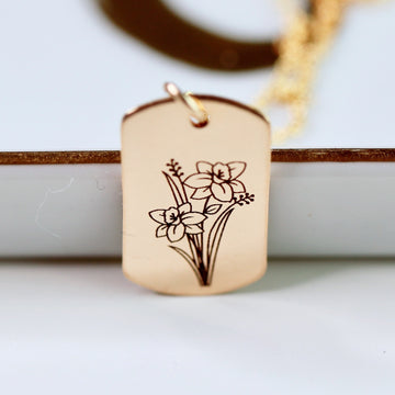 Birth Flower Square Tag Necklace, Mother Necklace, Personalized Dog Tag Necklace, Birthday Gift, Floral Pendant Necklace, Mother's Day Gift