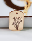 Birth Flower Square Tag Necklace, Mother Necklace, Personalized Dog Tag Necklace, Birthday Gift, Floral Pendant Necklace, Mother's Day Gift