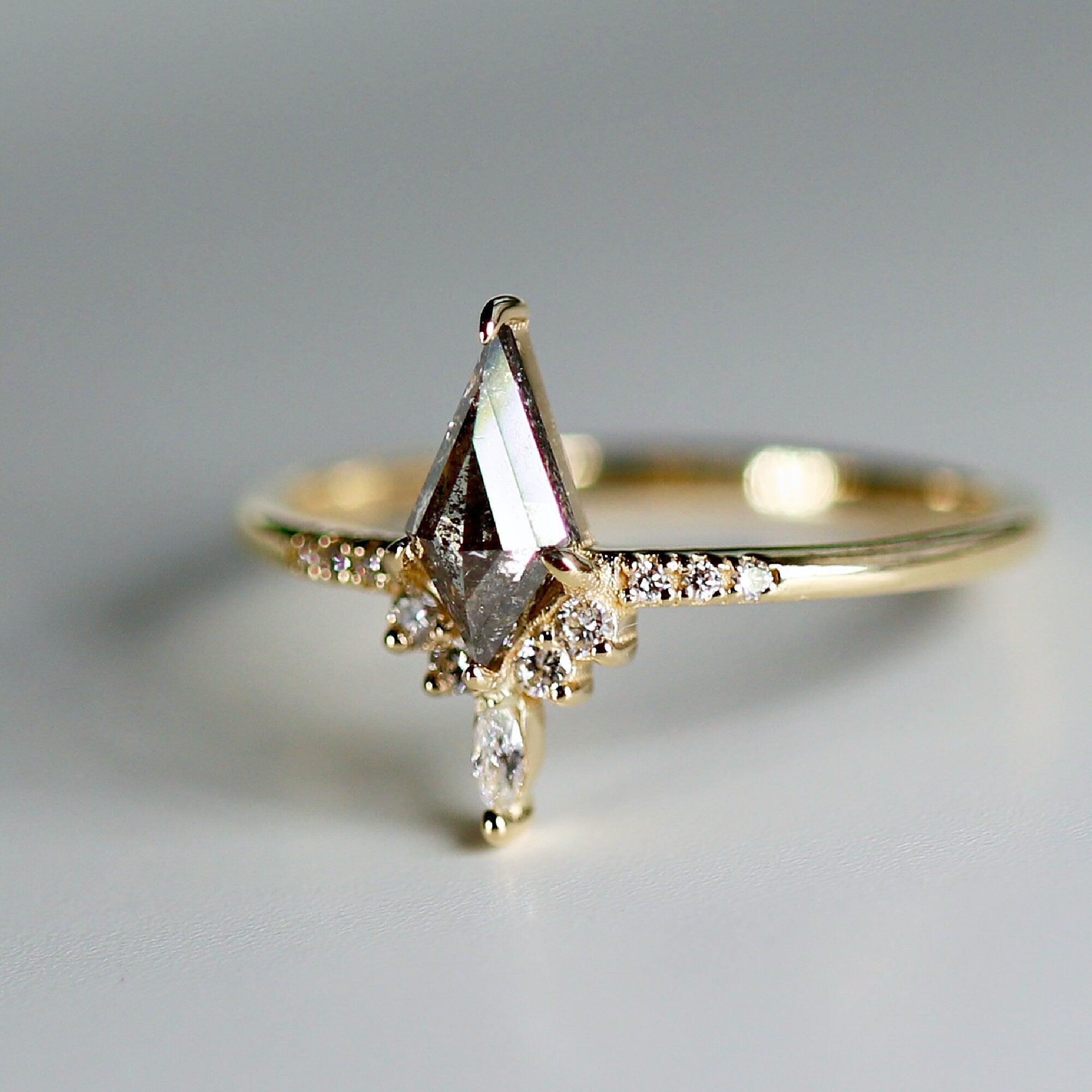 Kite Salt and Pepper Diamond Ring, 14k Yellow Gold Rose Cut Salt and Pepper Diamond Engagement Ring, Alternative Unique Rustic Diamond Ring