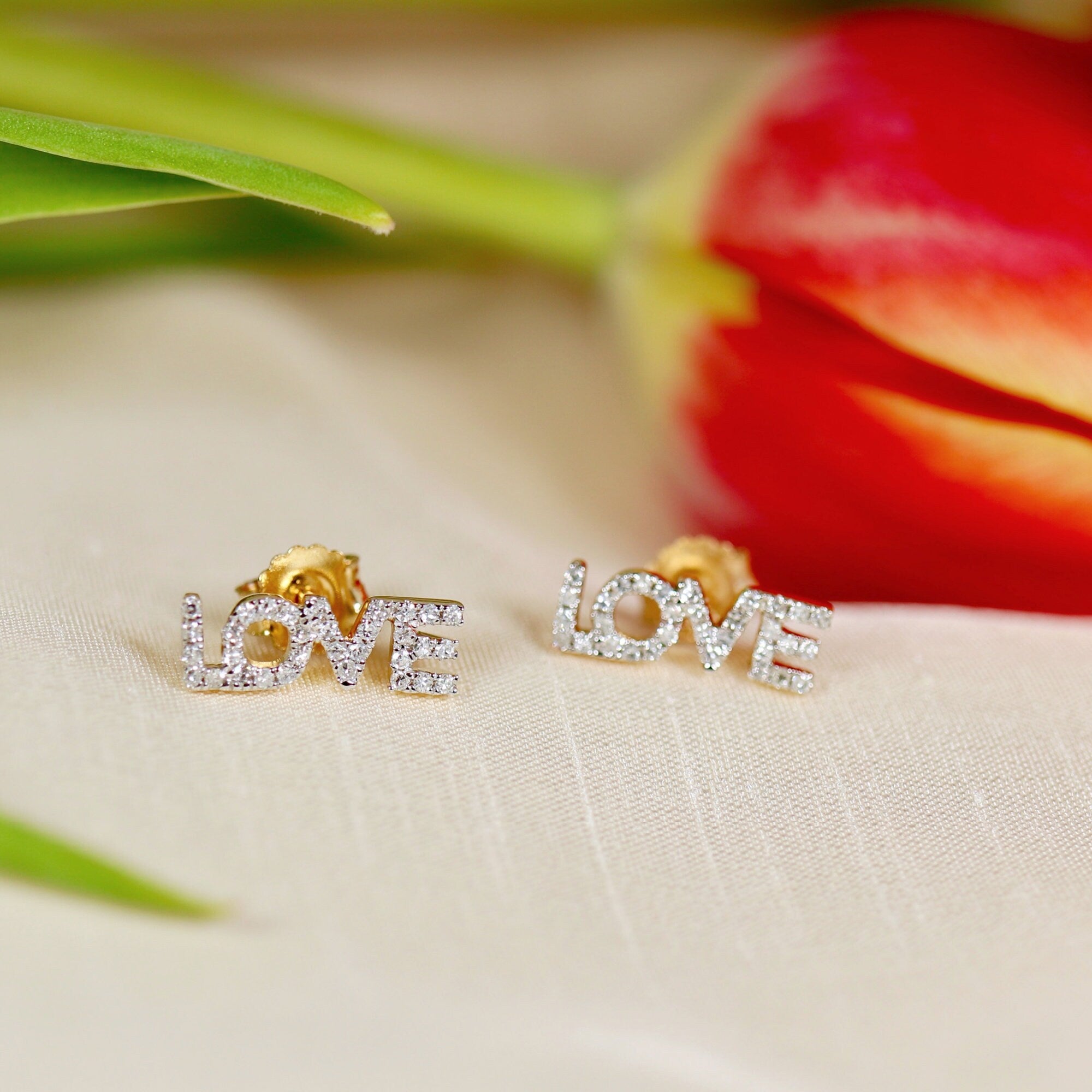 Diamond Love Earrings 14k Solid Gold, Natural Diamond Block Letter Love Earrings Studs, Monogram Earrings, Gift For Her