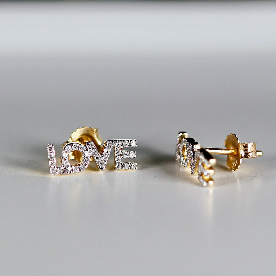 Diamond Love Earrings 14k Solid Gold, Natural Diamond Block Letter Love Earrings Studs, Monogram Earrings, Gift For Her