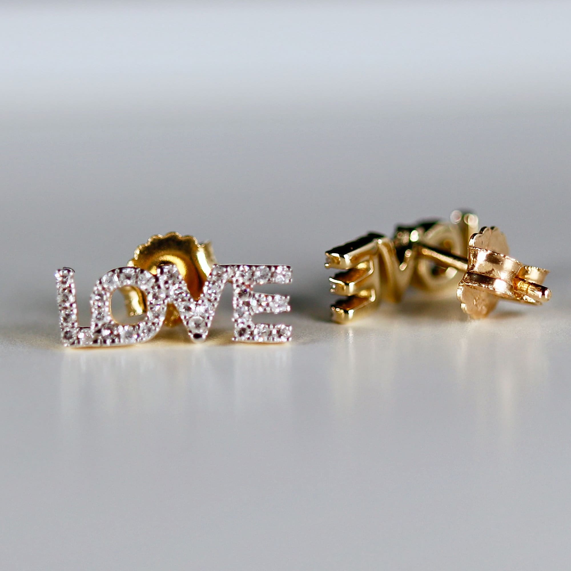 Diamond Love Earrings 14k Solid Gold, Natural Diamond Block Letter Love Earrings Studs, Monogram Earrings, Gift For Her