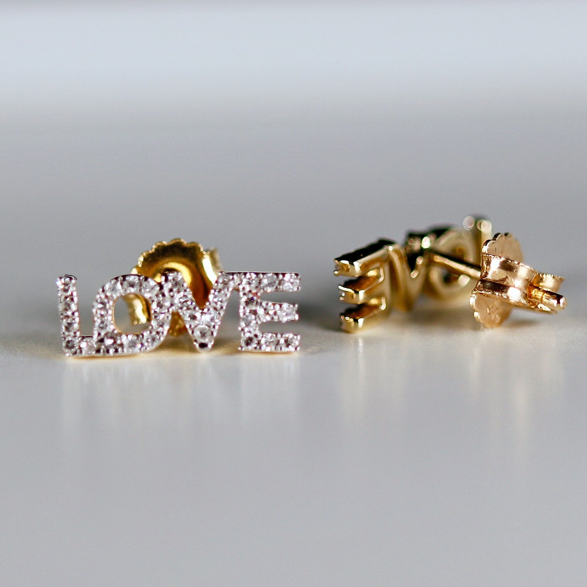 Diamond Love Earrings 14k Solid Gold, Natural Diamond Block Letter Love Earrings