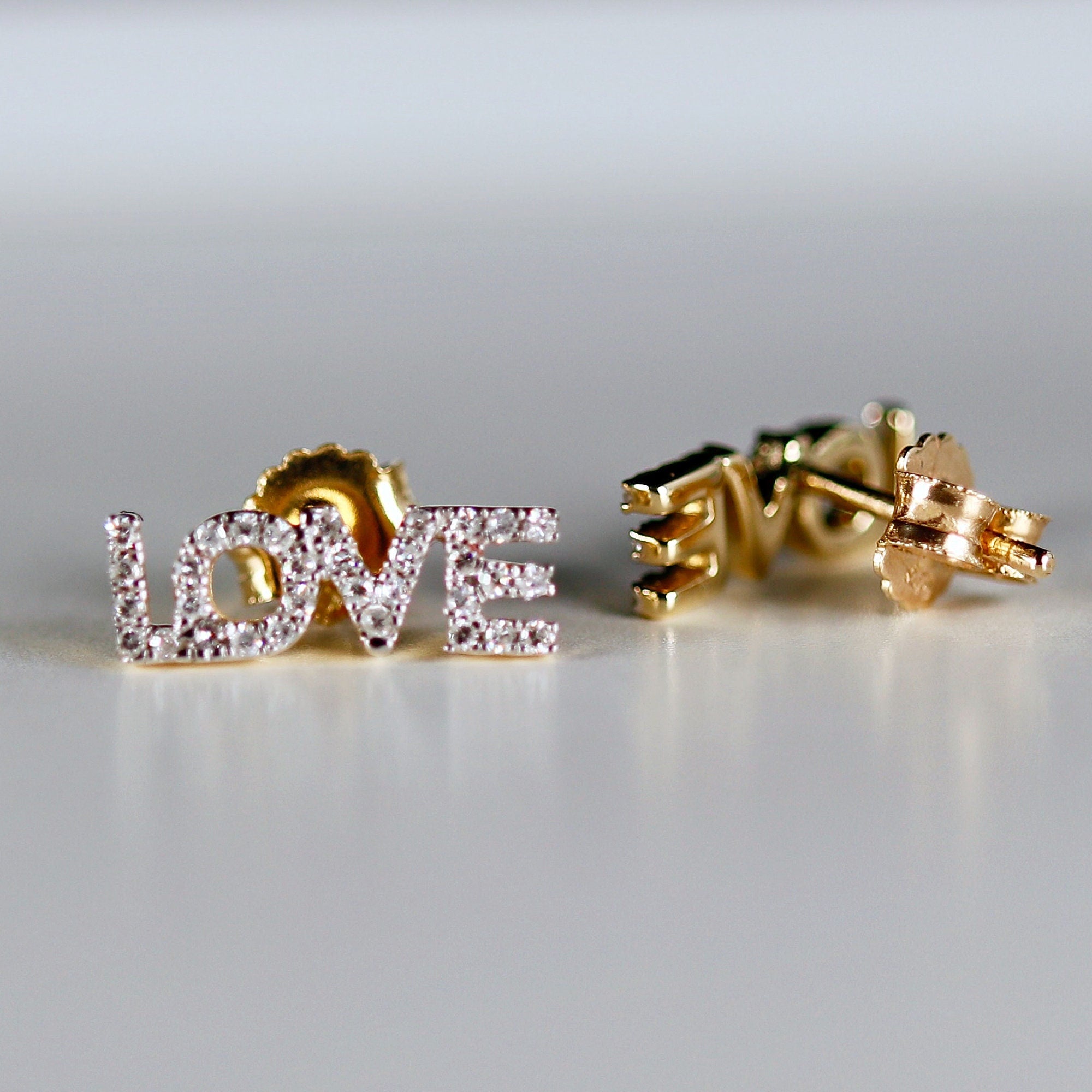 Diamond Love Earrings in 14k Solid Gold - Natural Diamond Block Letters - Melt'm Jewelry