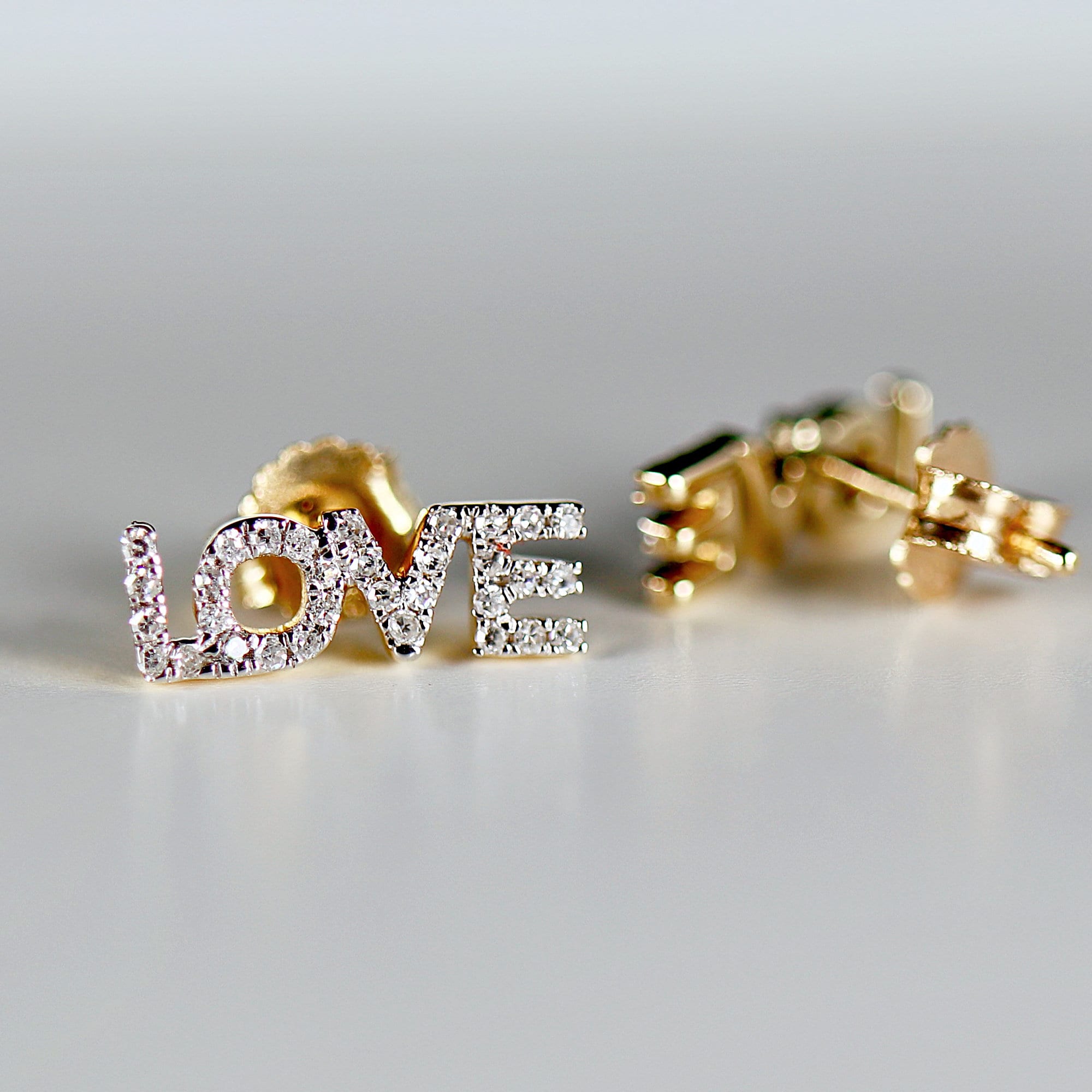 Diamond Love Earrings 14k Solid Gold, Natural Diamond Block Letter Love Earrings Studs, Monogram Earrings, Gift For Her