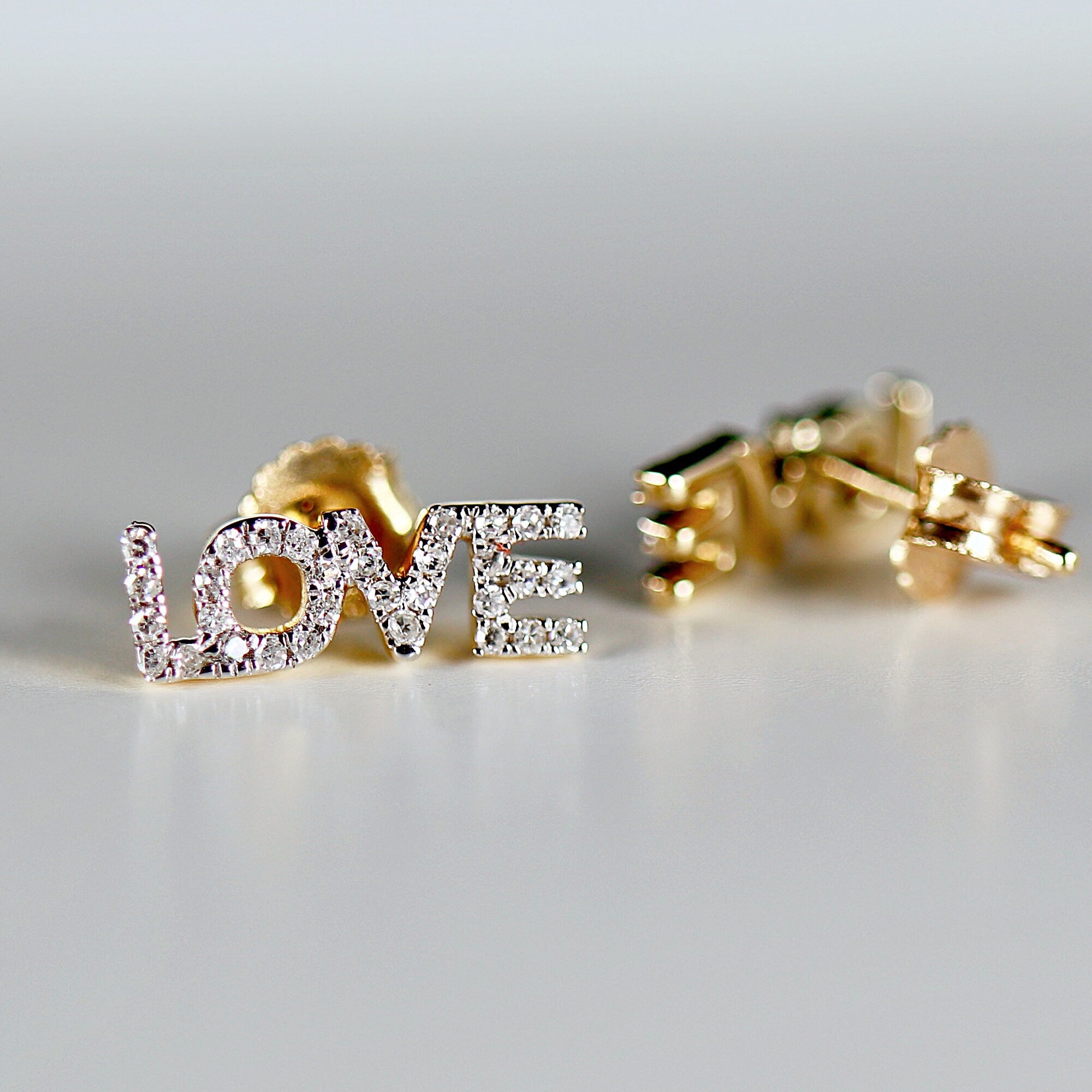 Diamond Love Earrings 14k Solid Gold, Natural Diamond Block Letter Love Earrings