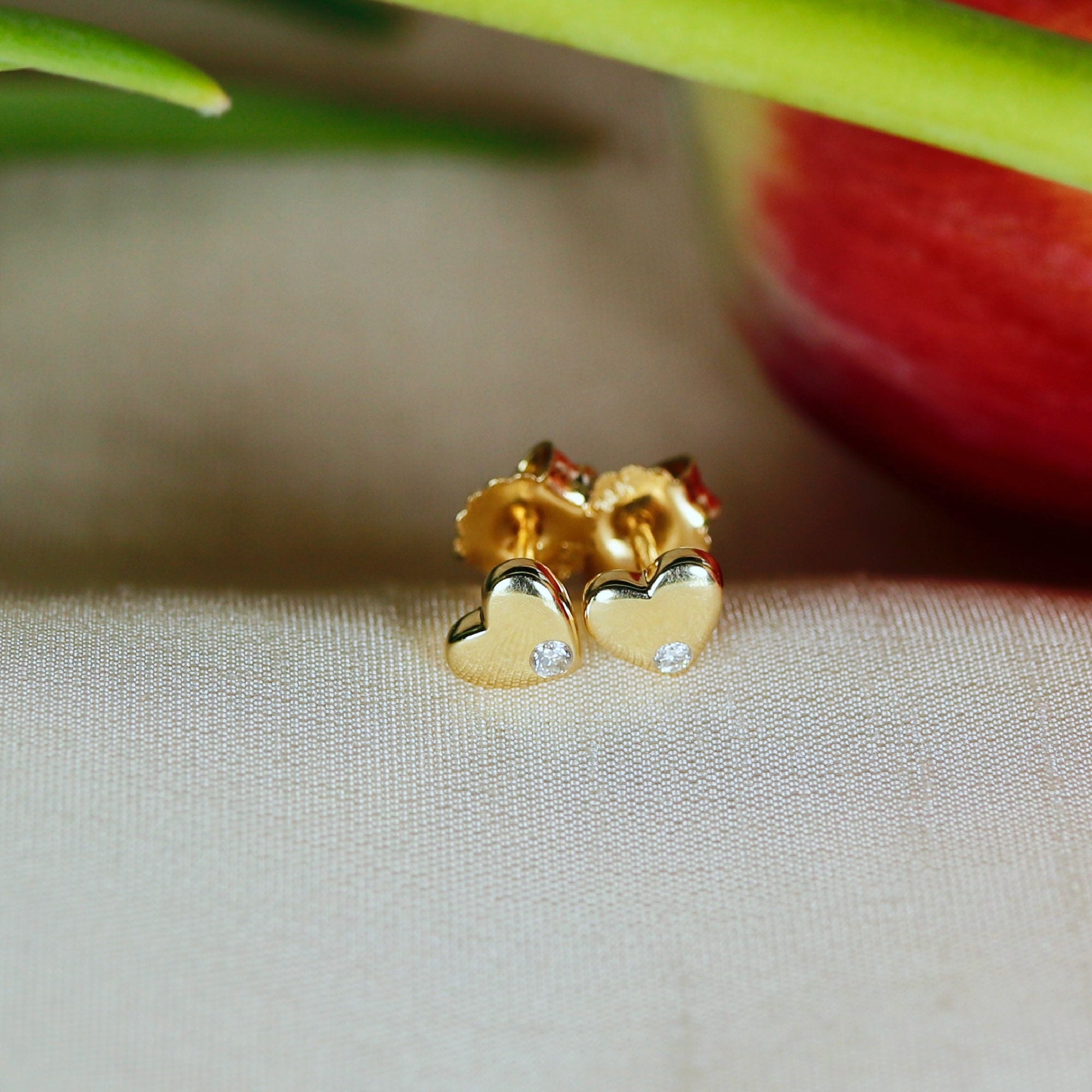 Diamond Puffy Heart Earrings 14k Solid Gold, Dainty Heart Studs, Minimalist Studs Earrings, Mother&#39;s Day Gift