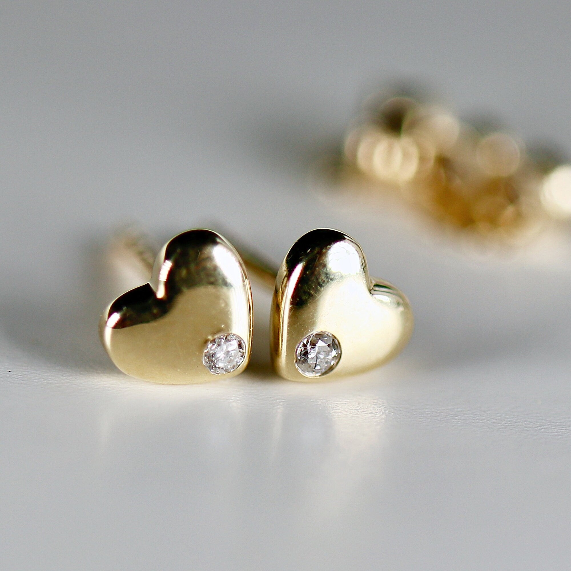 Diamond Puffy Heart Earrings 14k Solid Gold, Dainty Heart Studs, Minimalist Studs Earrings, Mother's Day Gift