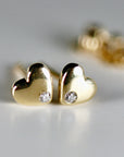 Diamond Puffy Heart Earrings 14k Solid Gold, Dainty Heart Studs, Minimalist Studs Earrings, Mother's Day Gift