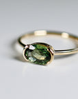 Green Sapphire Engagement Ring 14k Gold, East West Oval Bezel Set Sapphire Ring, Handmade Half Bezel Solitaire Ring, Statement Jewelry