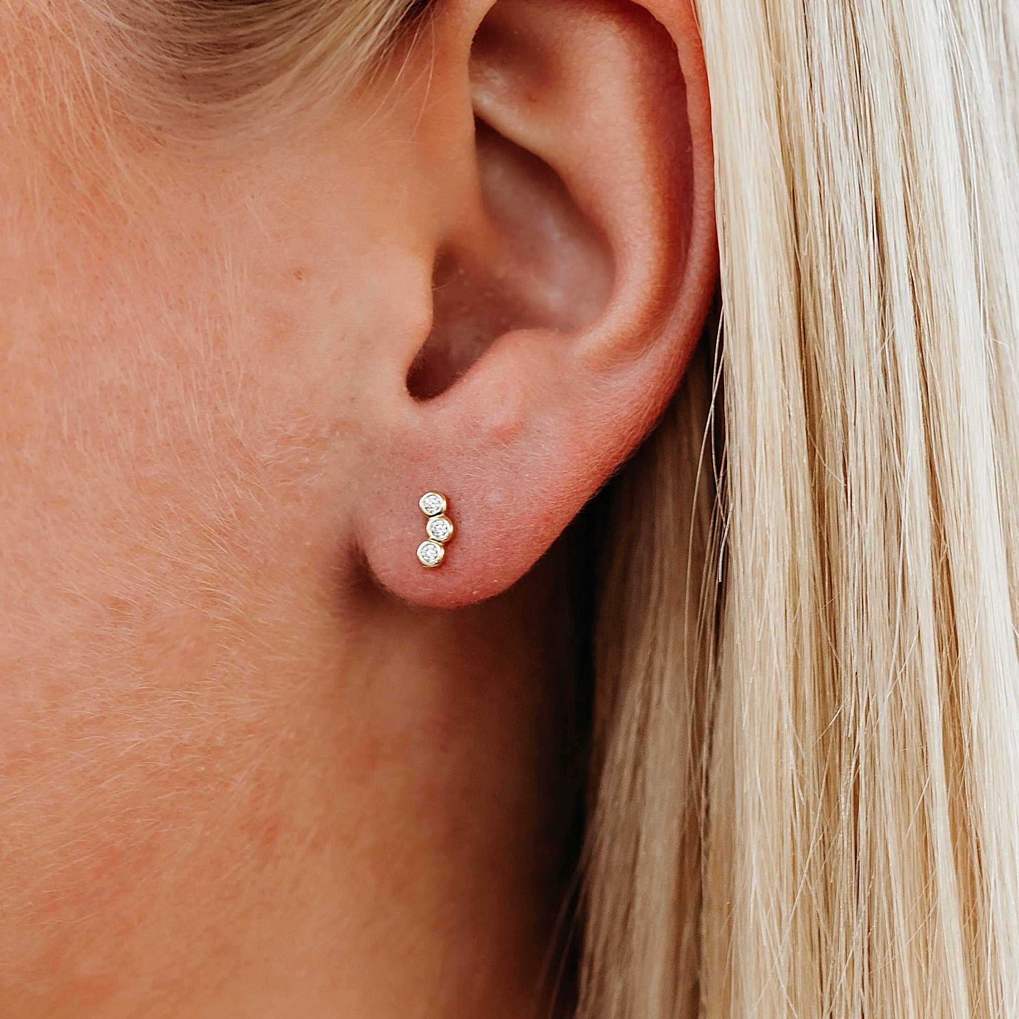 14k Gold 3 Stone Bezel Set CZ Cubic Zirconia Cluster Earrings - Melt'm Jewelry