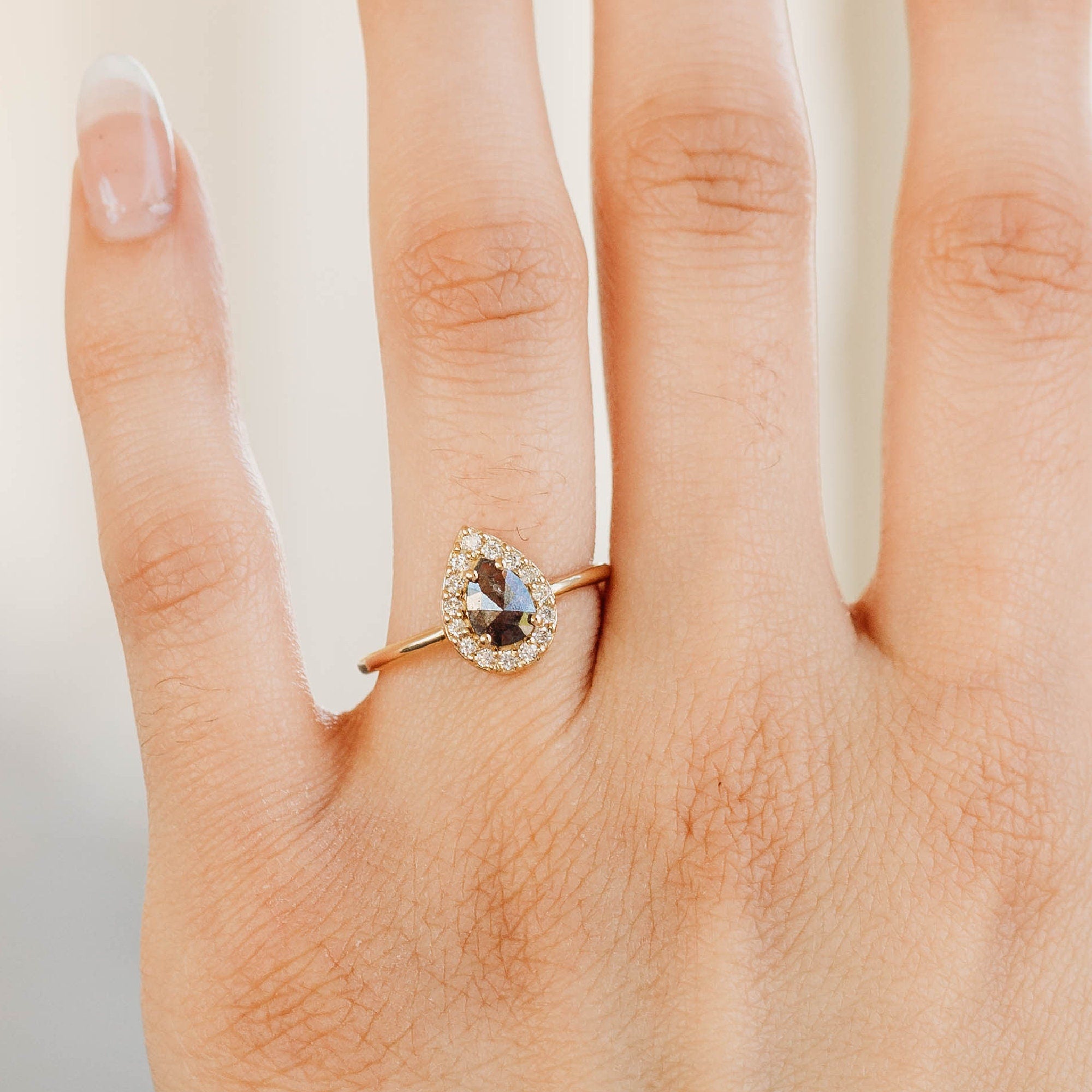 Pear Salt and Pepper Diamond Ring 14k Gold – Rose Cut Black Diamond Halo Ring, Unique Engagement Ring, Anniversary Gift - Melt'm Jewelry