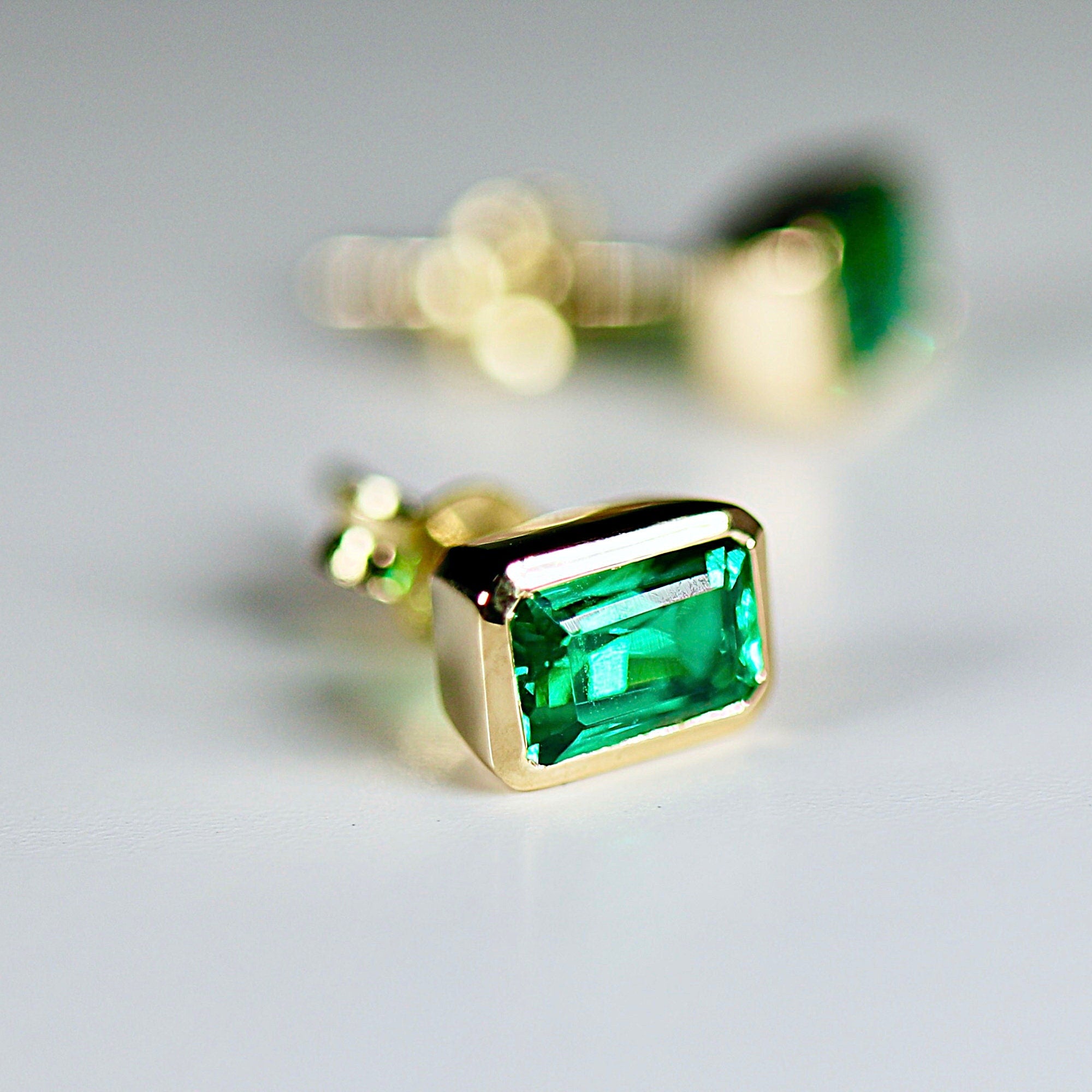 Genuine Emerald Cut Bezel Set Emerald Earrings 14k Gold - Melt'm Jewelry