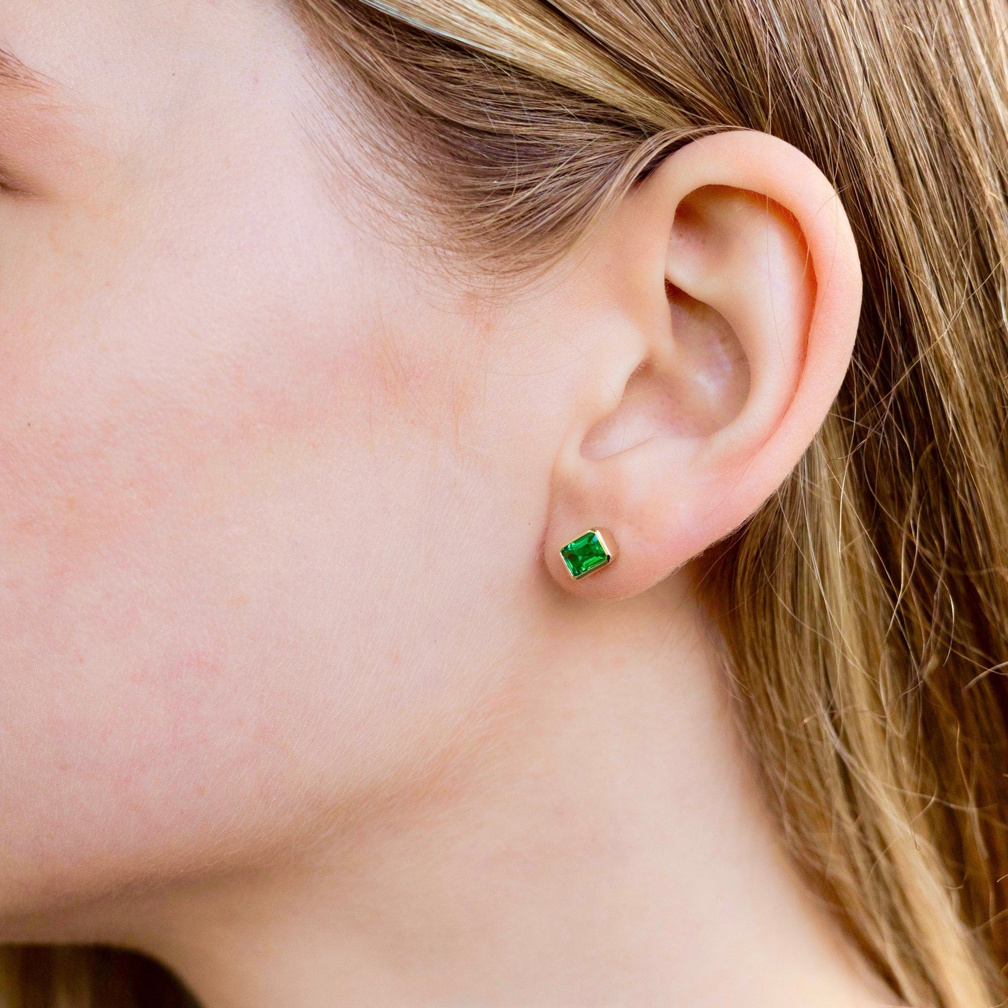 Genuine Emerald Earrings 14k Gold Emerald Cut Emerald Stud Earrings, May Birthstone Earrings, Emerald Studs, 20th Anniversary Gift for her