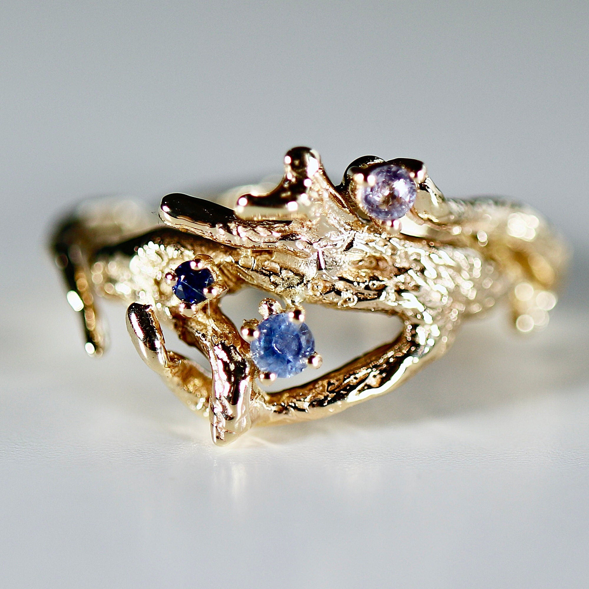 Sapphire Twig Ring 14k Solid Gold – Branch Ring with Colorful Blue and Lilac Sapphires, Nature Inspired Botanical Handmade Ring - Melt'm Jewelry