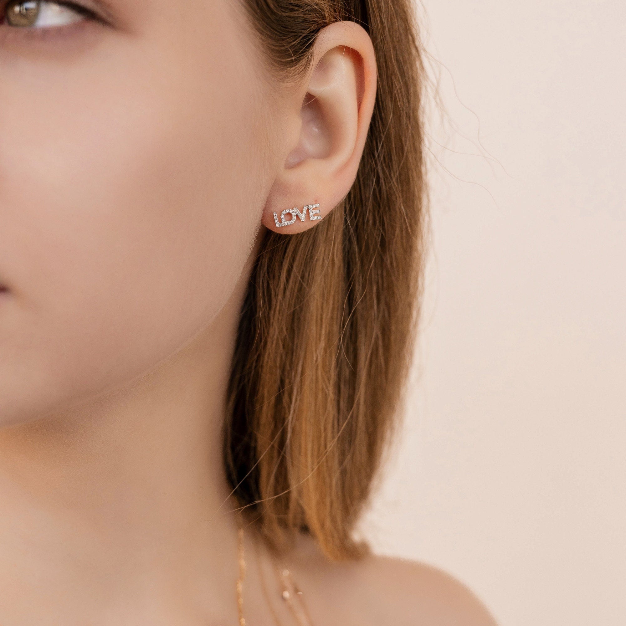 Diamond Love Earrings in 14k Solid Gold - Natural Diamond Block Letters - Melt'm Jewelry
