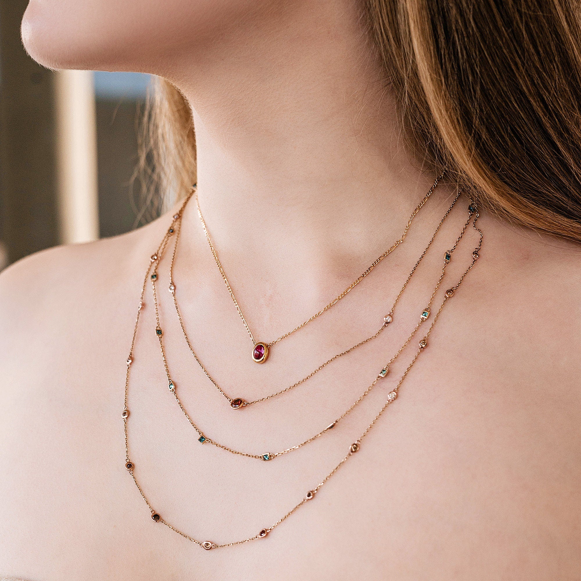 Red Diamond Station Necklace in 10k Gold - Melt'm Jewelry