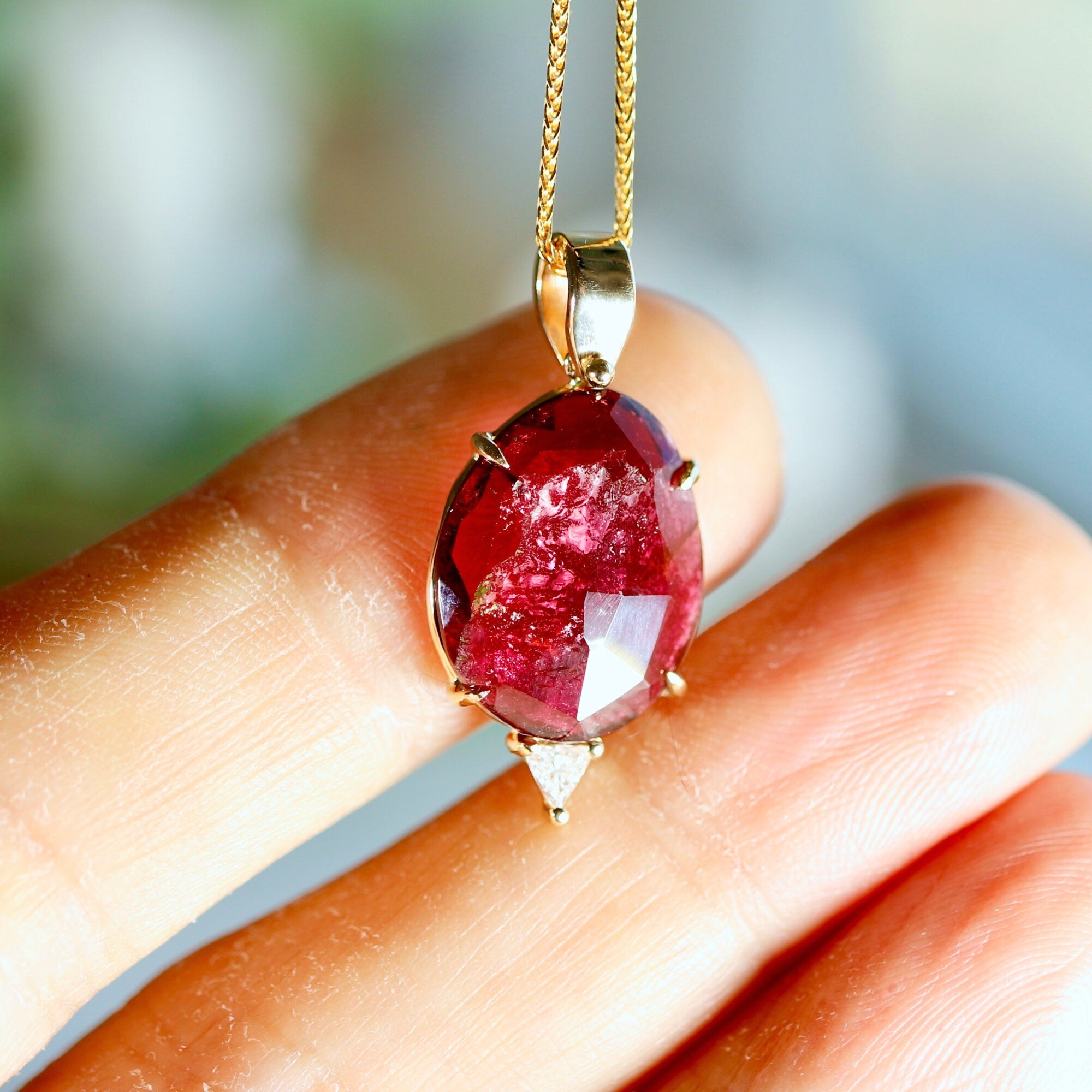 Pink Tourmaline Necklace 14k Gold, Rose Cut Tourmaline and Triangle Diamond Pendant