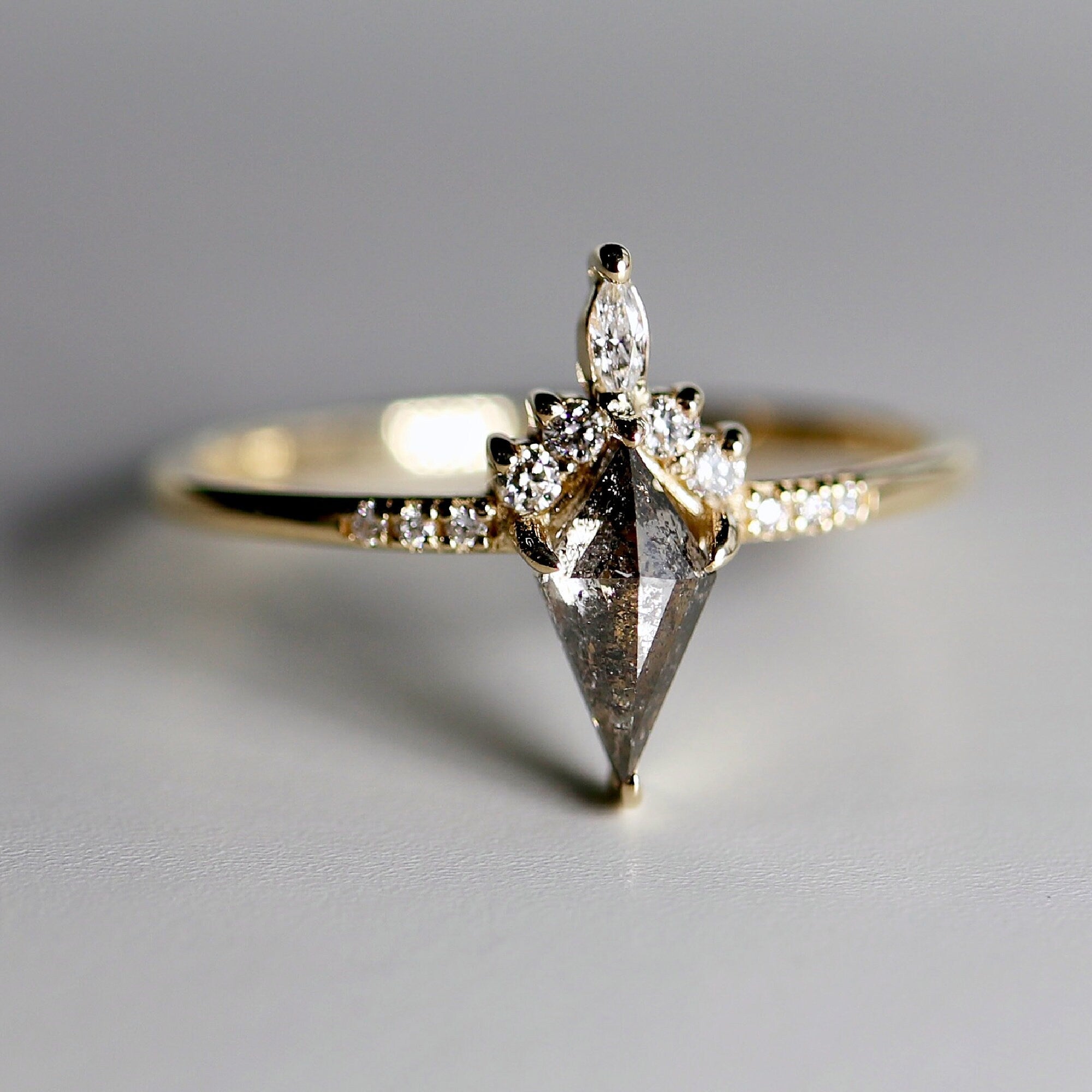 Kite Salt and Pepper Diamond Ring, 14k Yellow Gold Rose Cut Salt and Pepper Diamond Engagement Ring, Alternative Unique Rustic Diamond Ring