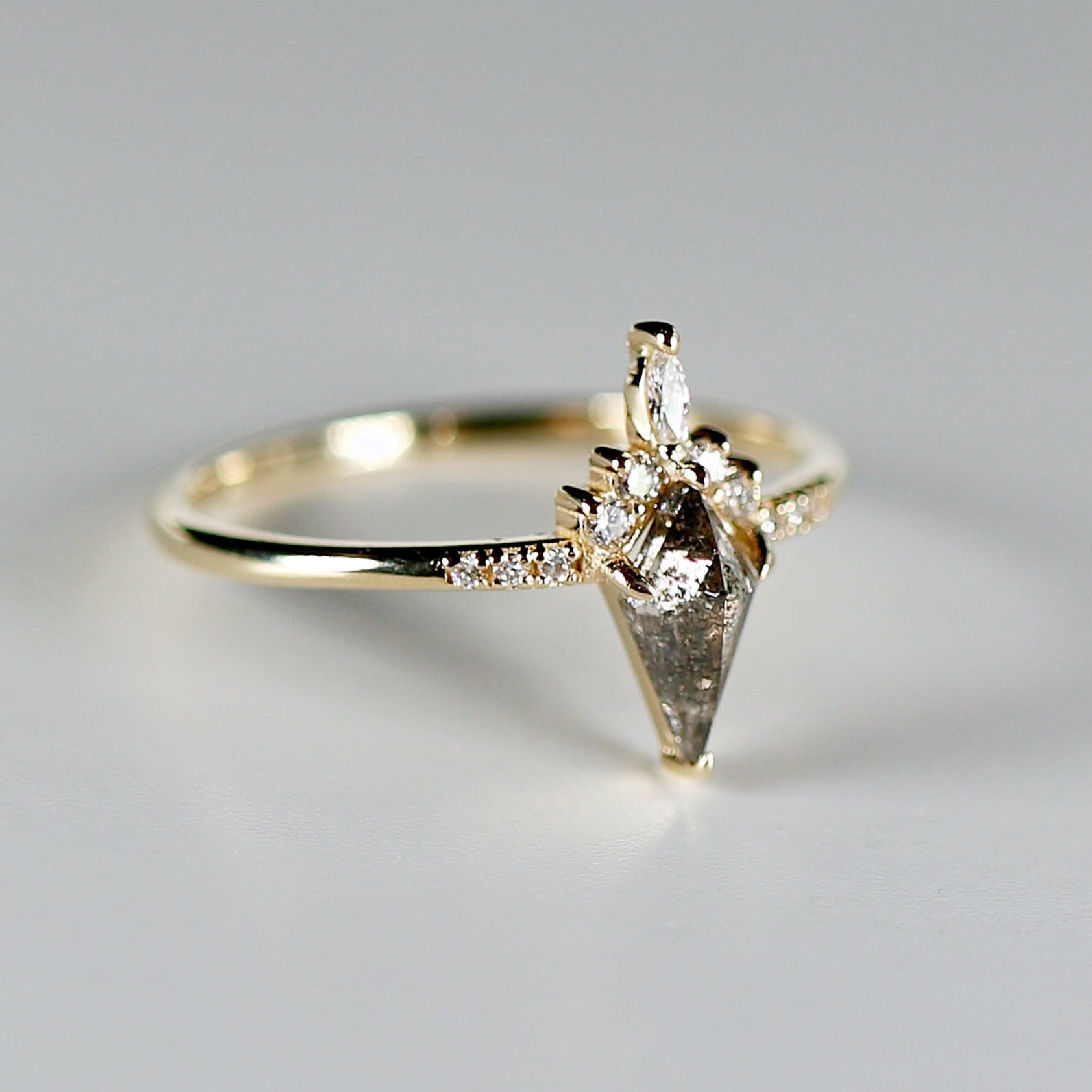 Kite Salt and Pepper Diamond Ring, 14k Yellow Gold Rose Cut Salt and Pepper Diamond Engagement Ring, Alternative Unique Rustic Diamond Ring